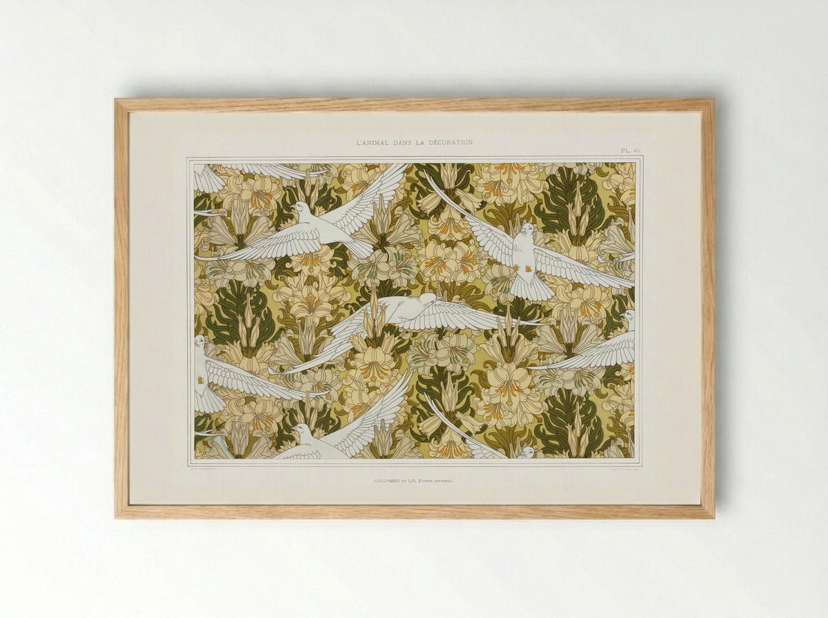 Colombes et Lis, Étoffe Imprimée (Doves and Lilies, Printed Fabric) - Maurice Pillard Verneuil - Framed Print Wood