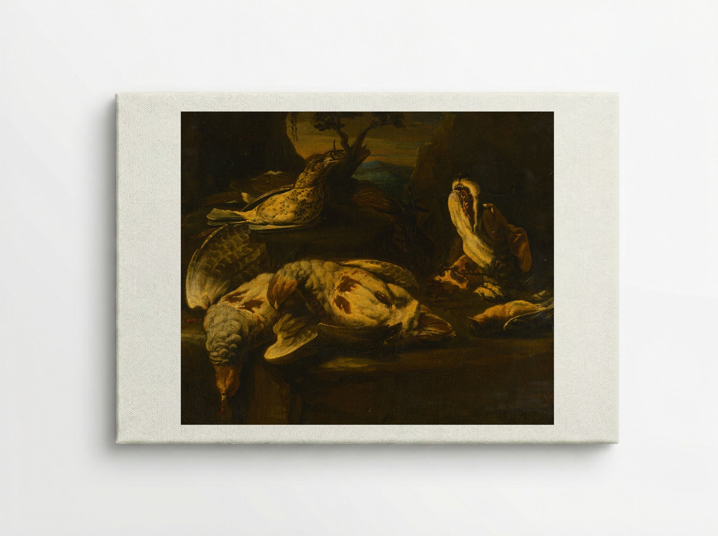 Hunting Still Life with Birds and Dog - Fine Art Print - Canvas