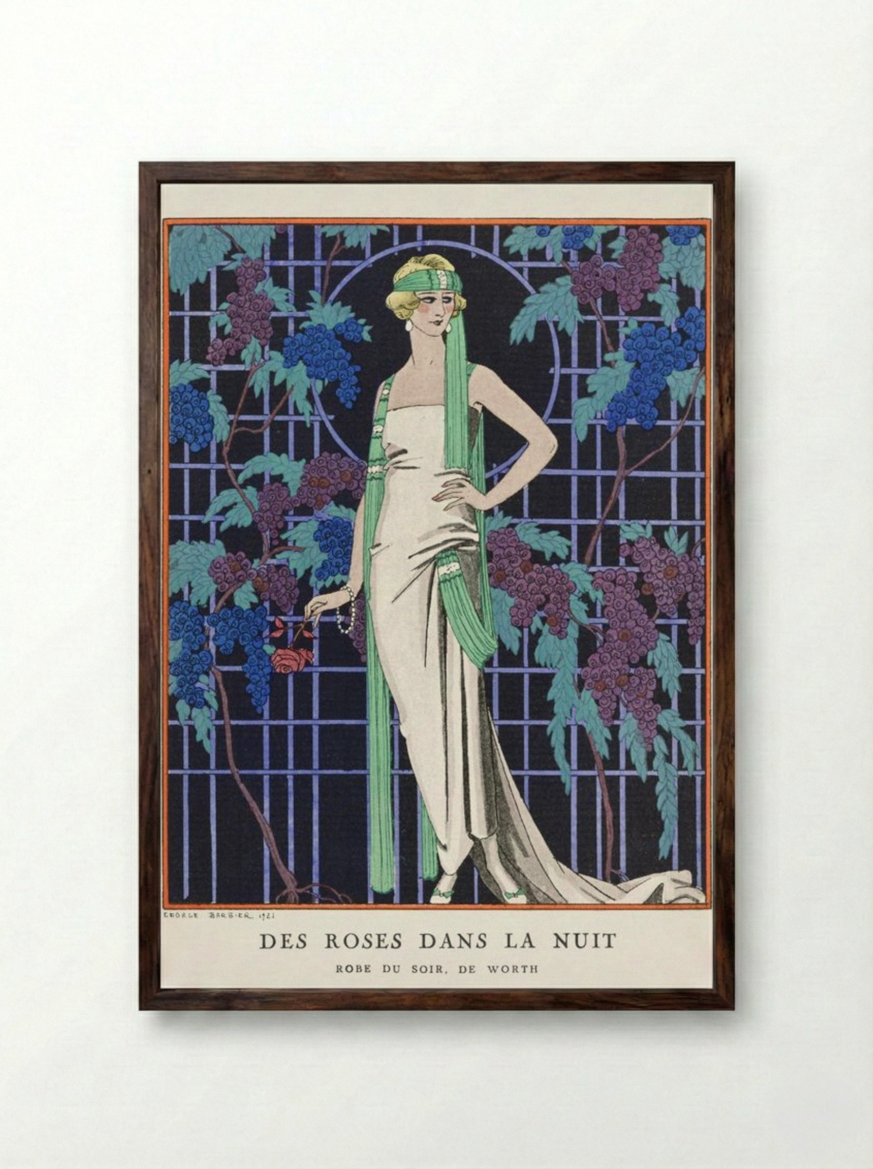 Des Roses dans la Nuit (Evening Dress by Worth) - George Barbier - Framed Print Dark Wood