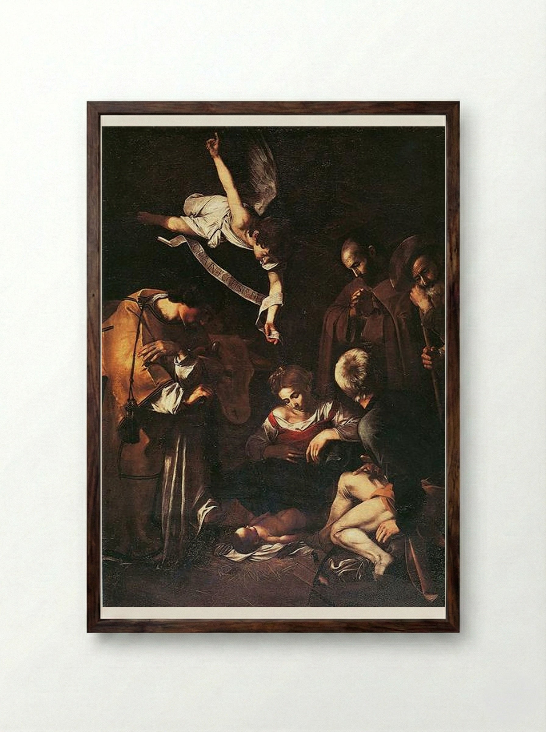Nativity with St. Francis and St. Lawrence - Caravaggio - Framed Print Dark Wood