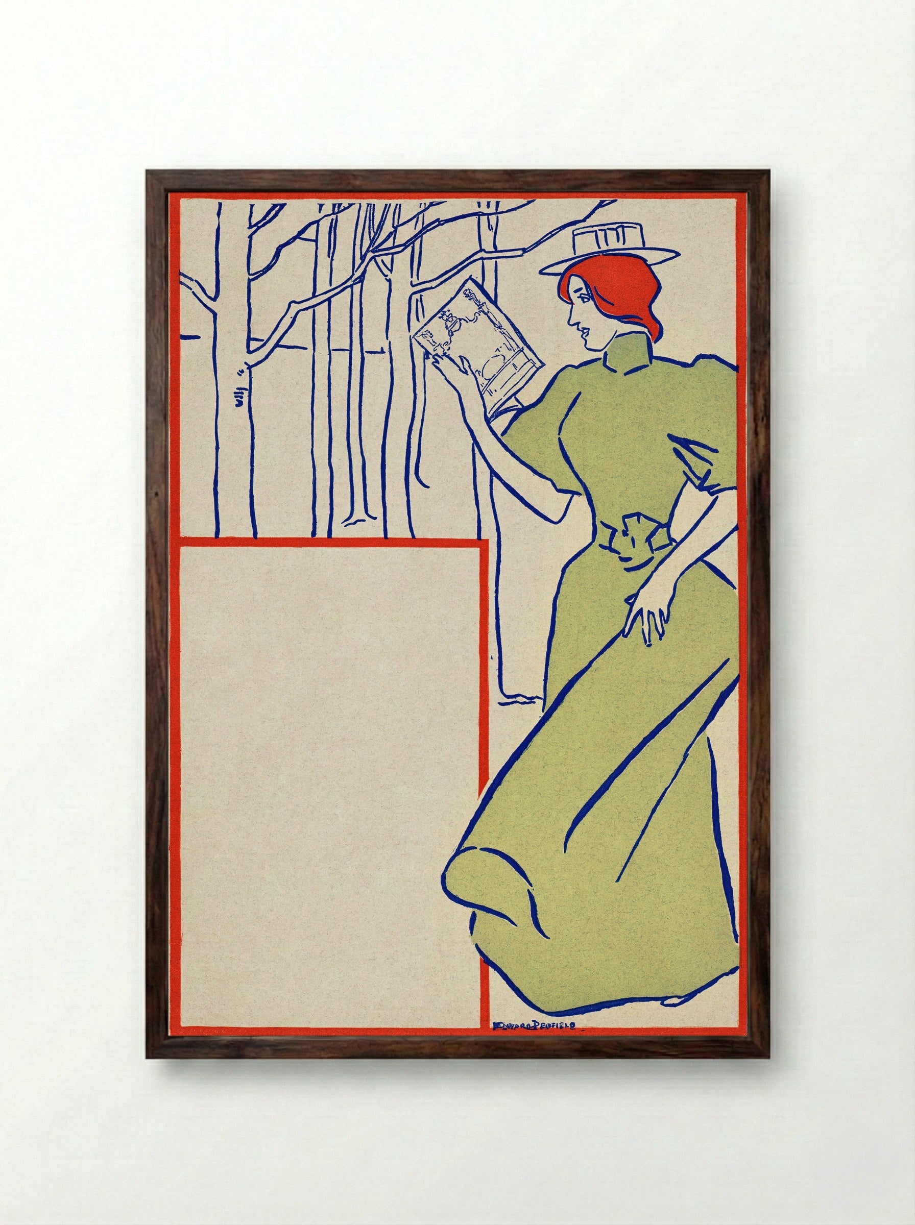 Woman in Green Dress Reading a Book - Edward Penfield - Framed Print Dark Wood