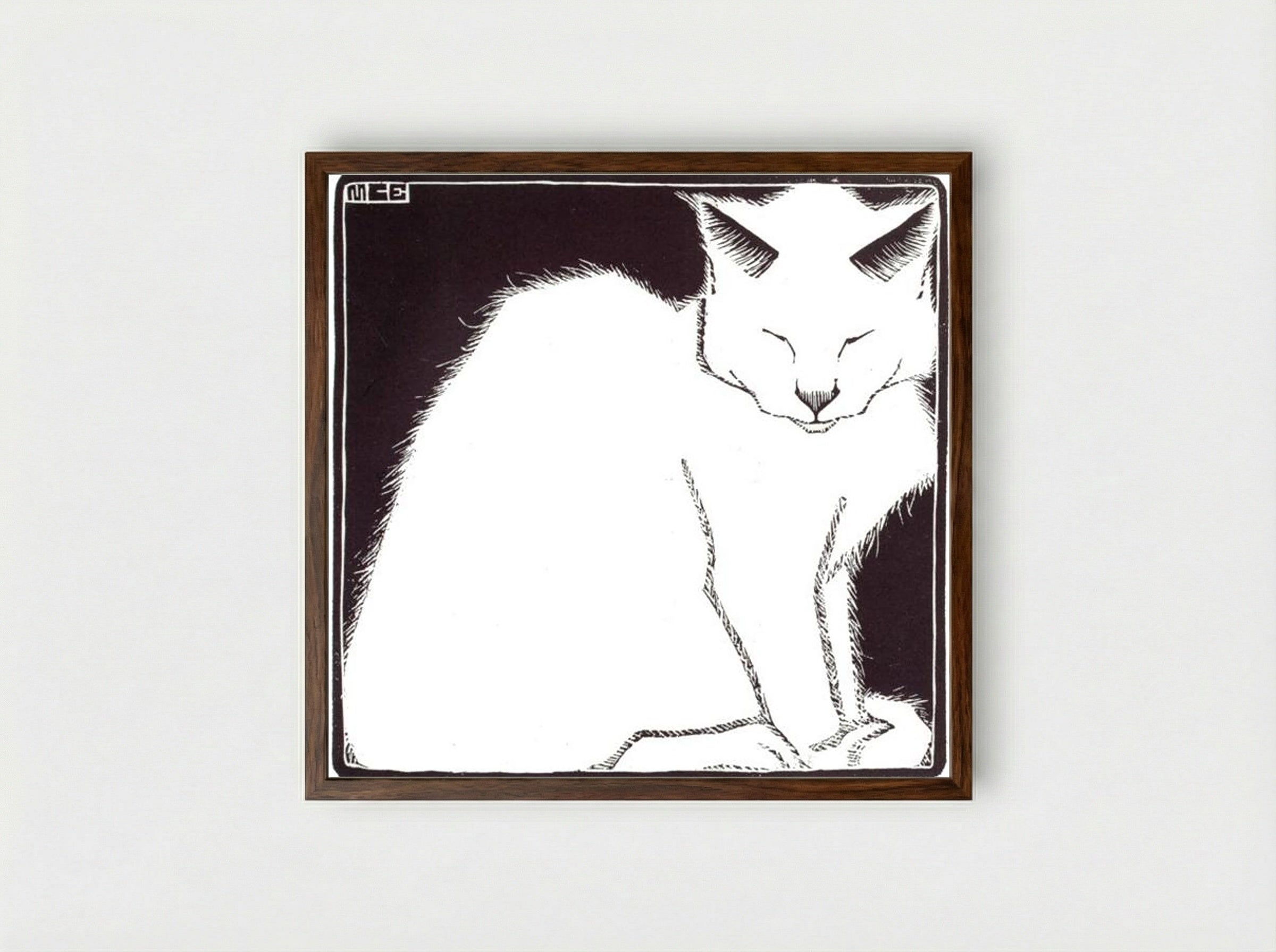 White Cat I - M.C. Escher - Framed Print Dark Wood