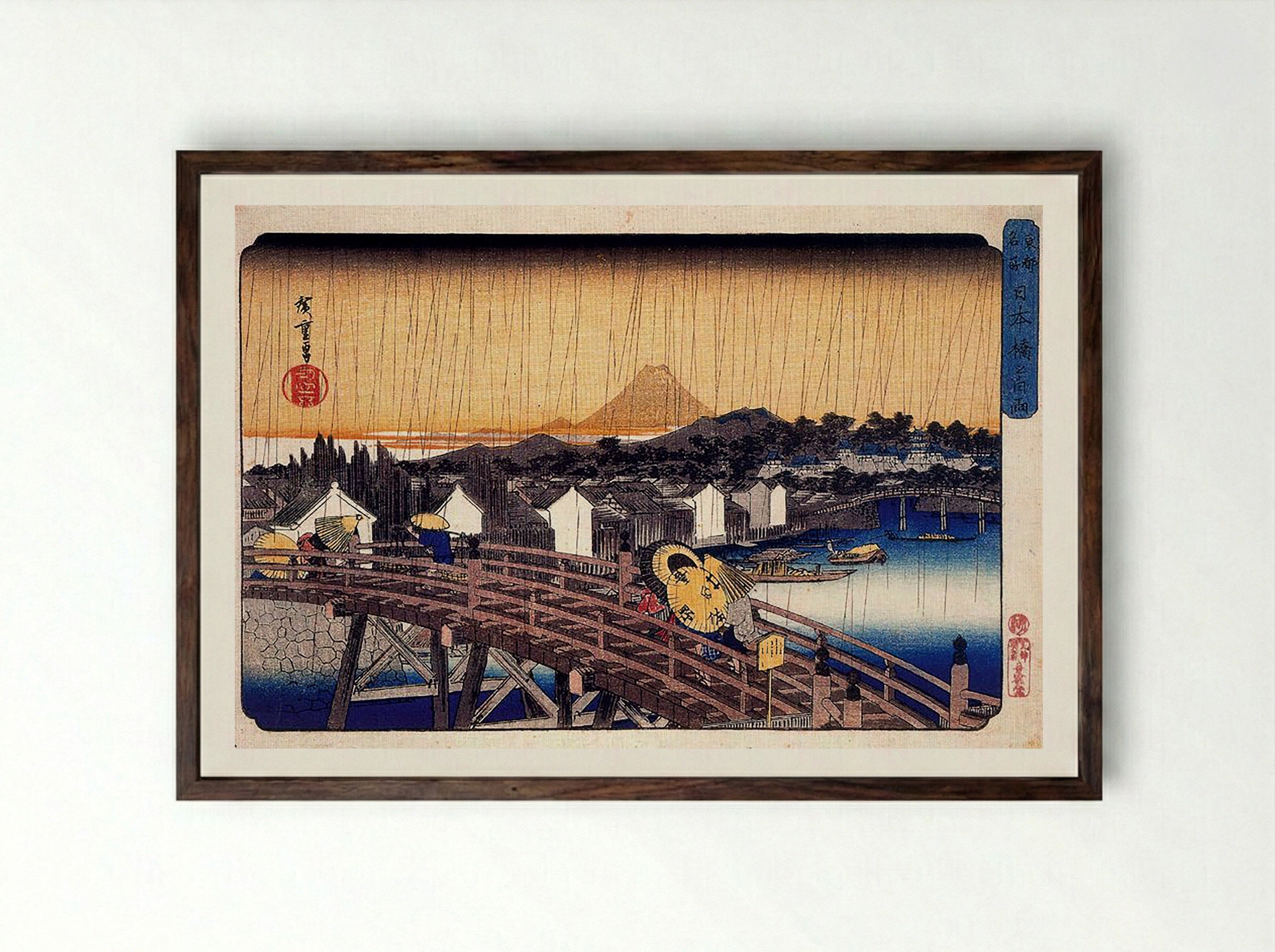 Evening Shower at Nihonbashi Bridge - Utagawa Hiroshige - Framed Print Dark Wood