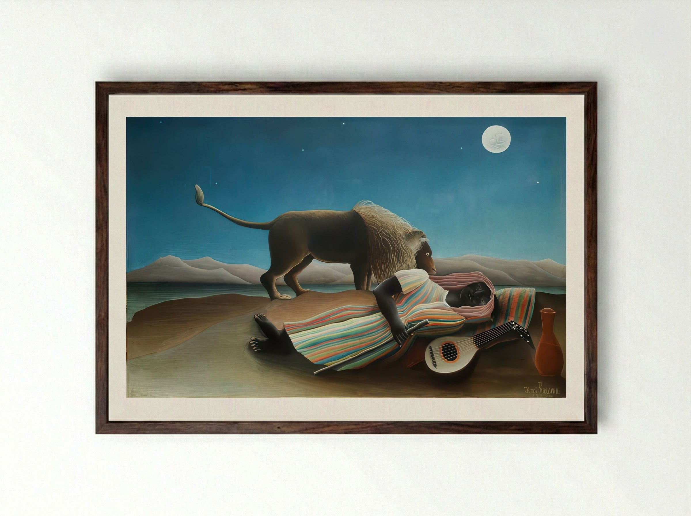 The Sleeping Gypsy by Henri Rousseau – Naïve Art Surreal Desert Scene Print - Framed Print Dark Wood