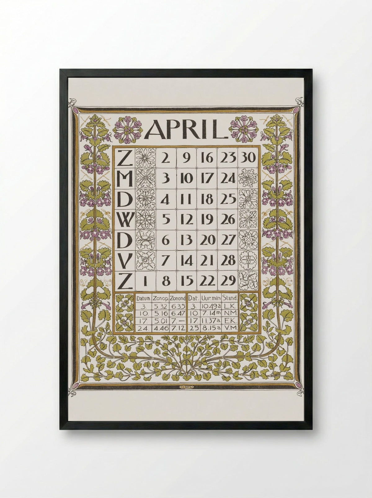 Calendar for April 1899 - Gerrit Willem Dijsselhof - Framed Print Black