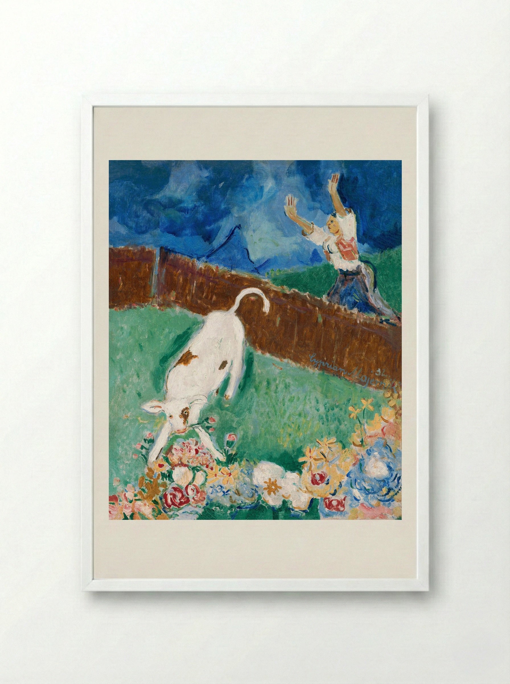 Calf in a Meadow - Cyprián Majerník - Framed Print White