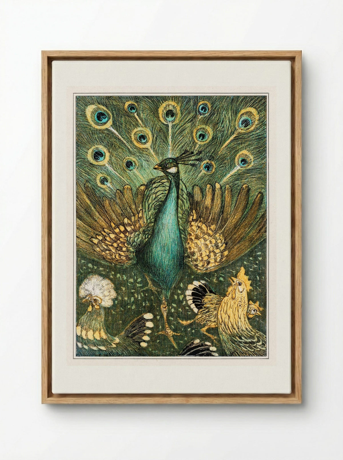 Peacock with Chickens - Theo van Hoytema - Framed Canvas Wood