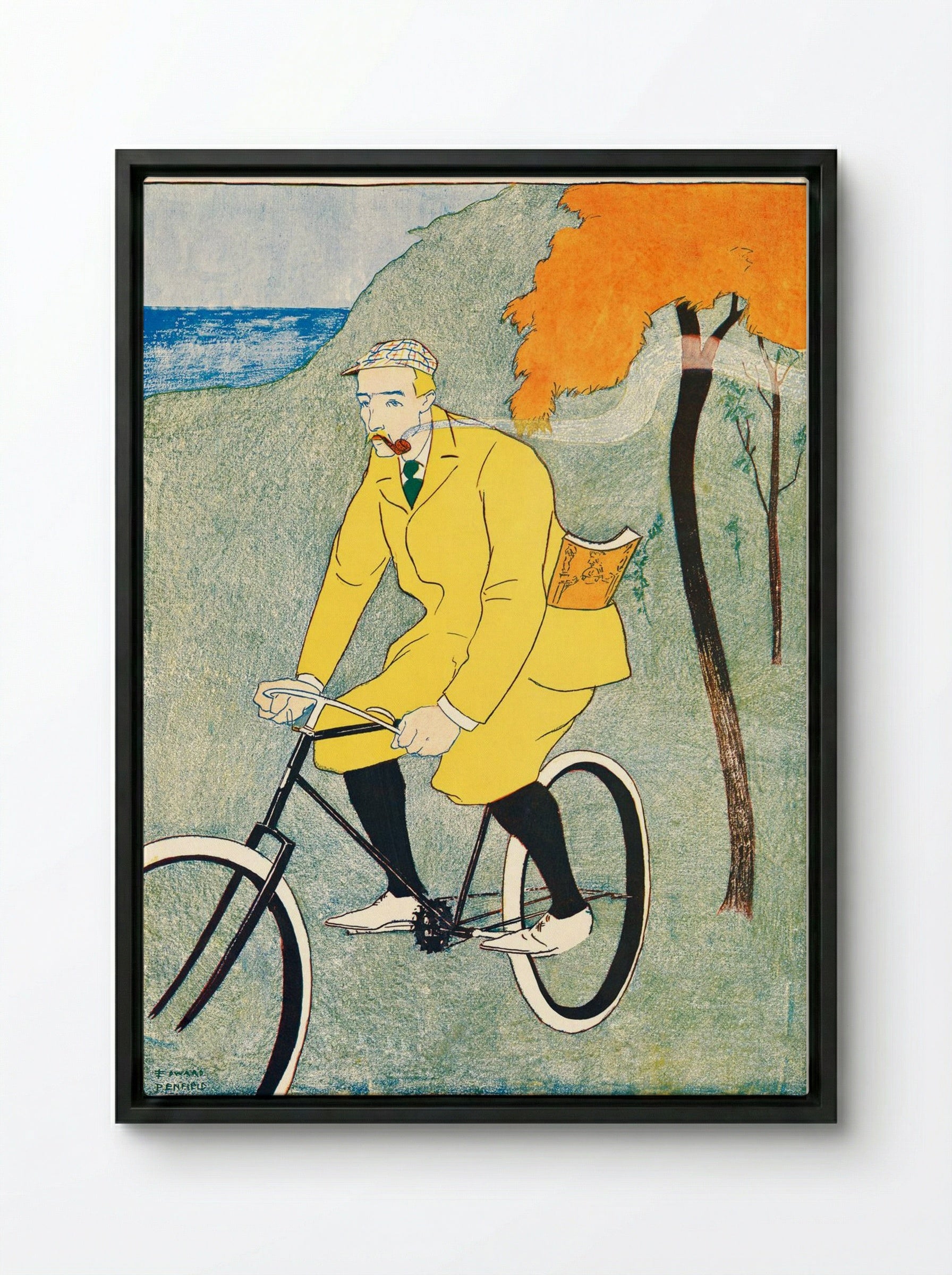 Man Riding Bicycle - Edward Penfield - Framed Canvas Black