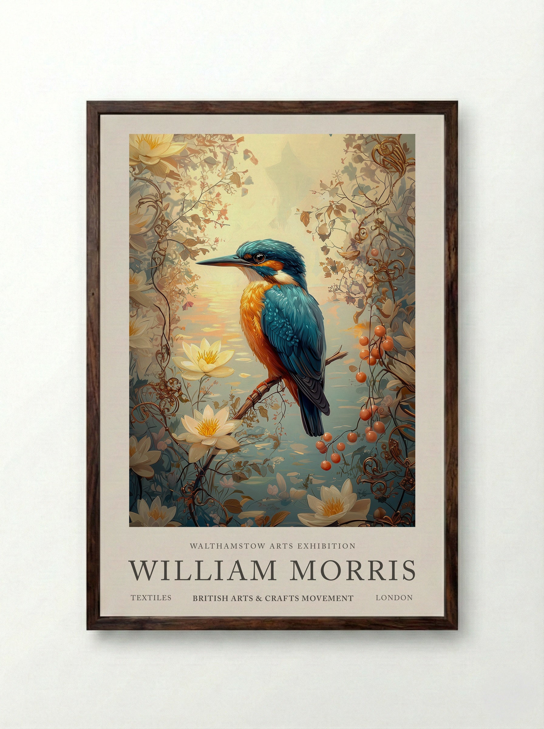 Kingfisher Calm - William Morris - Framed Print Dark Wood
