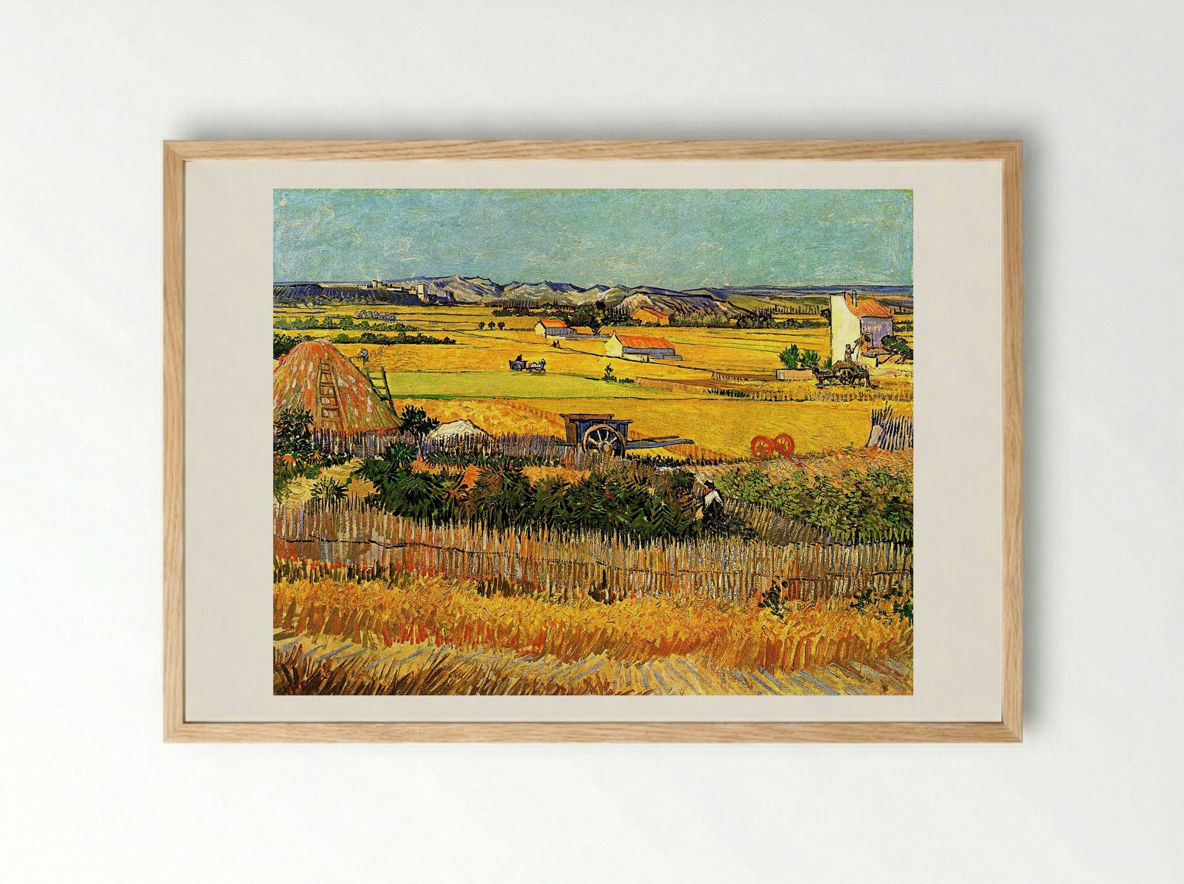 Harvest at La Crau, with Montmajour in the Background - Vincent van Gogh - Framed Print Wood