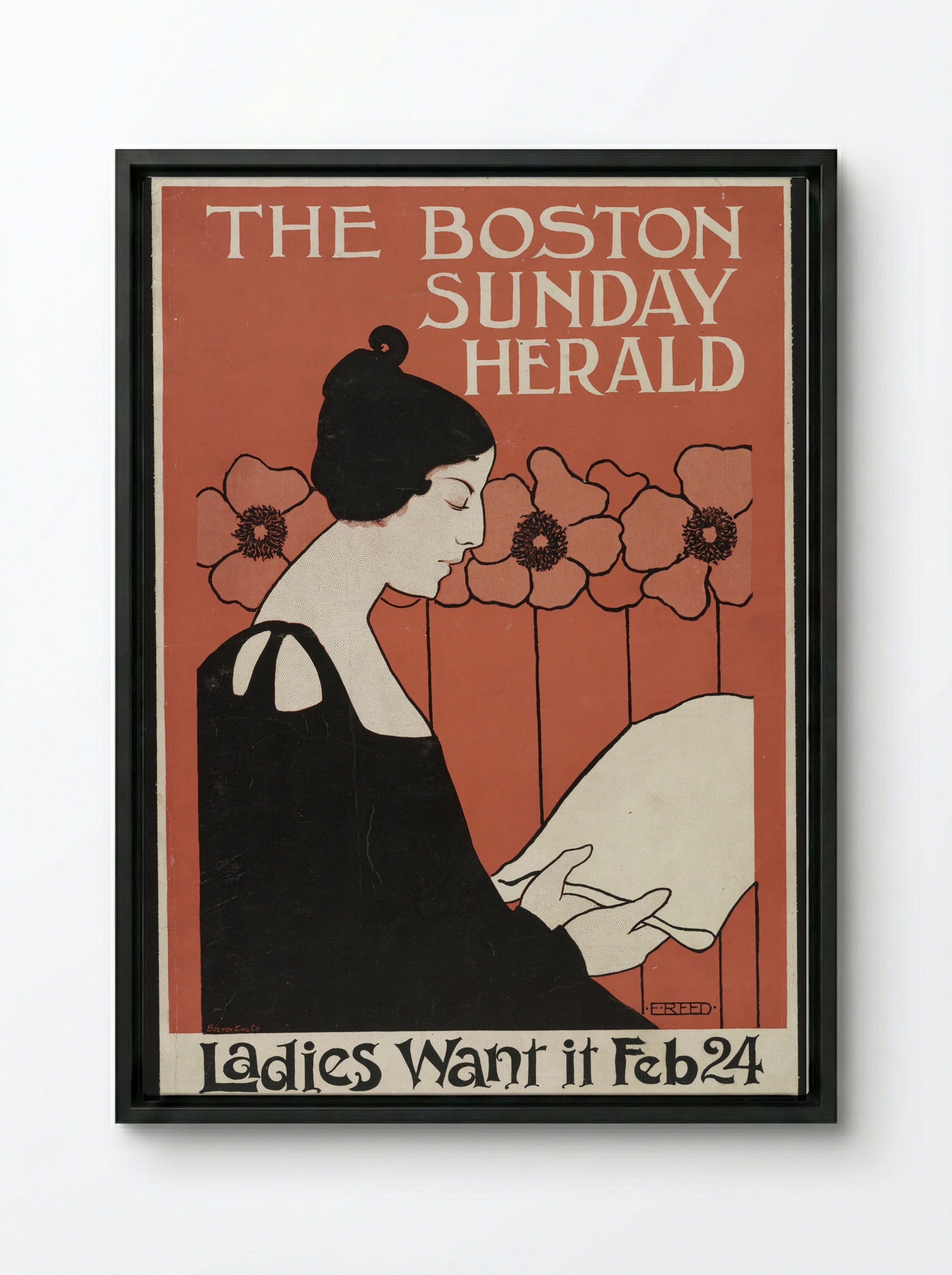 Portrait of a Woman Reading a Newspaper with Flowers - Ethel Reed - Framed Canvas Black