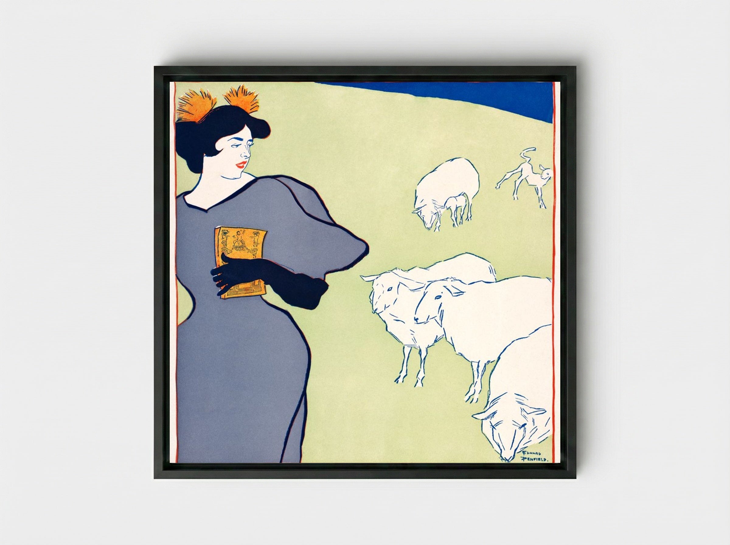 Woman and Sheep - Edward Penfield - Framed Canvas Black