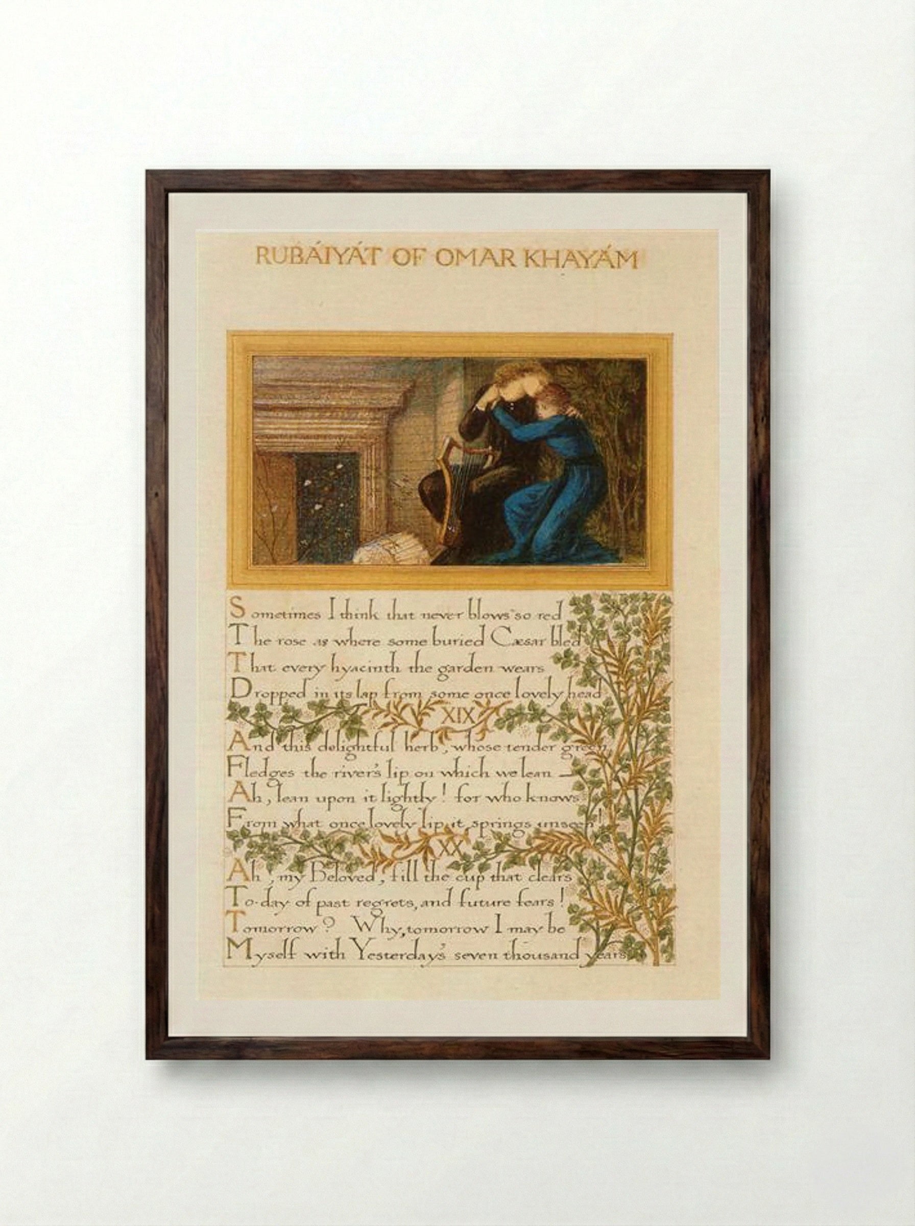 The Rubaiyat of Omar Khayyam, text and decoration by Morris with illustrations by Burne-Jones - William Morris - Framed Print Dark Wood