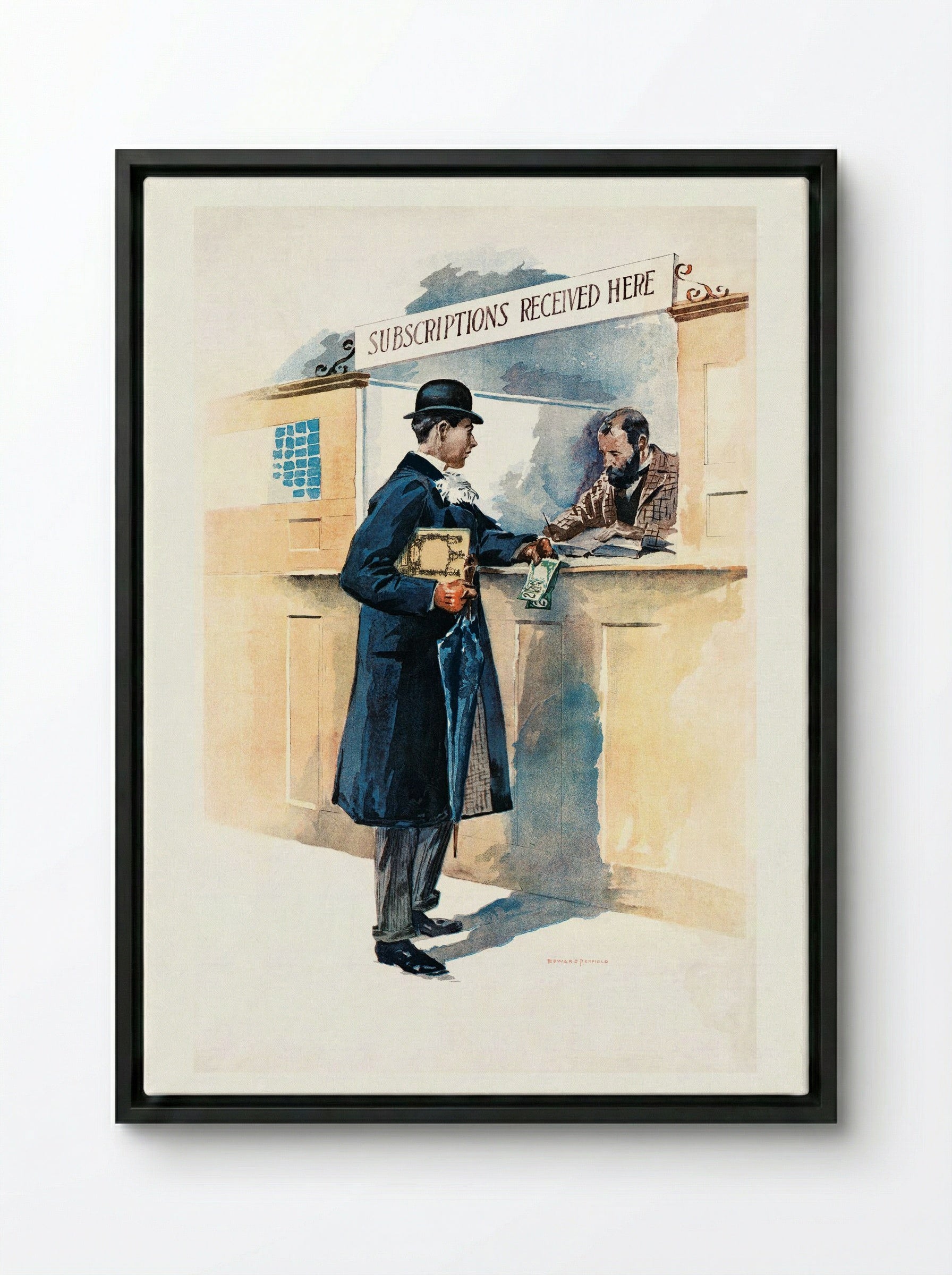 Man Getting Medicines - Edward Penfield - Framed Canvas Black