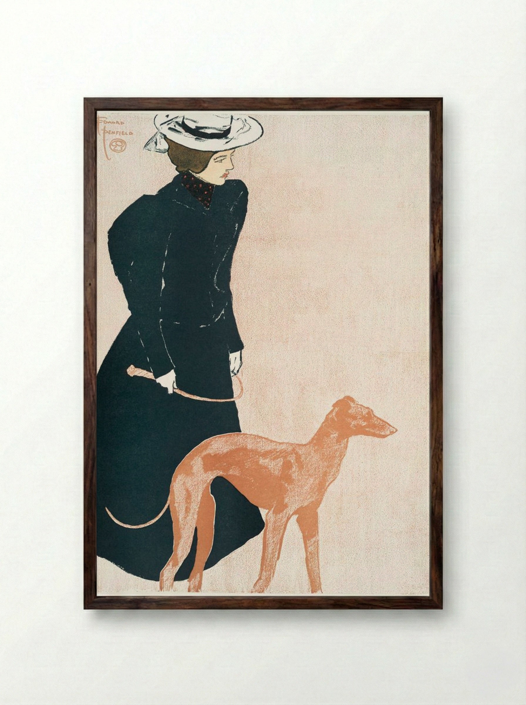 Woman with Greyhound - Edward Penfield - Framed Print Dark Wood