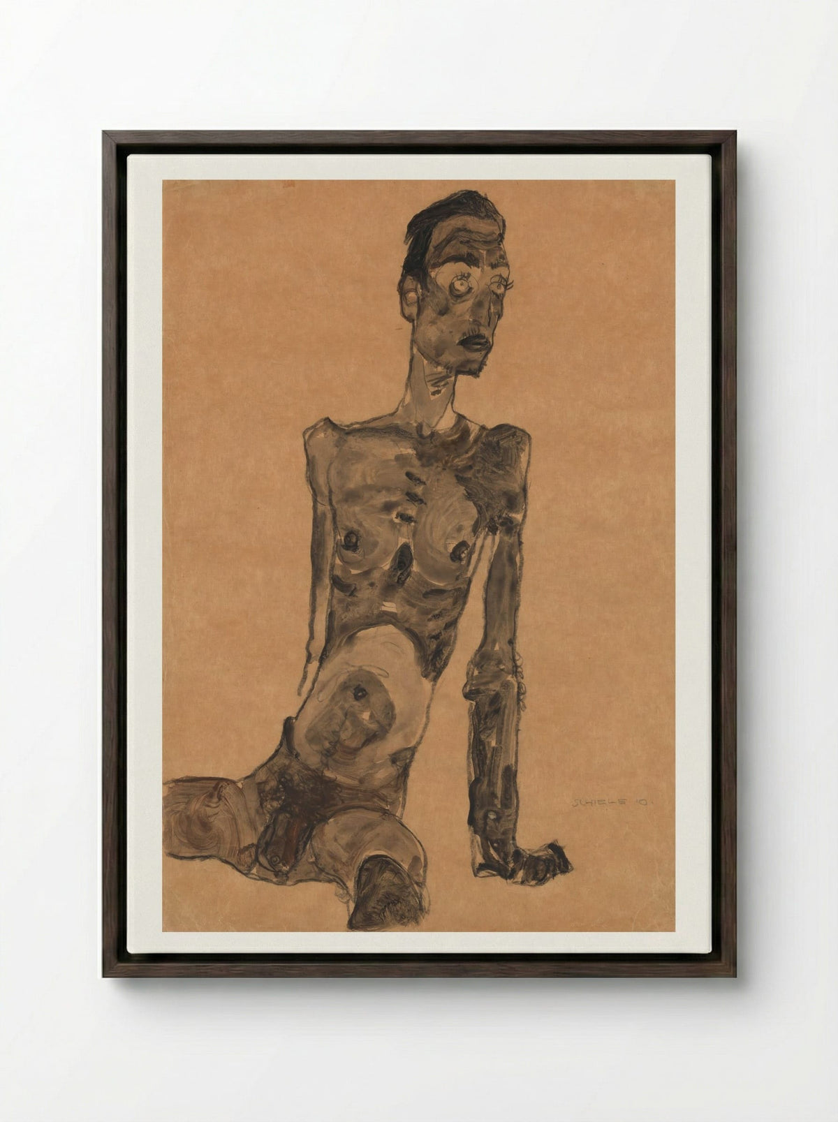 Seated Male Nude - Egon Schiele - Framed Canvas Dark Wood