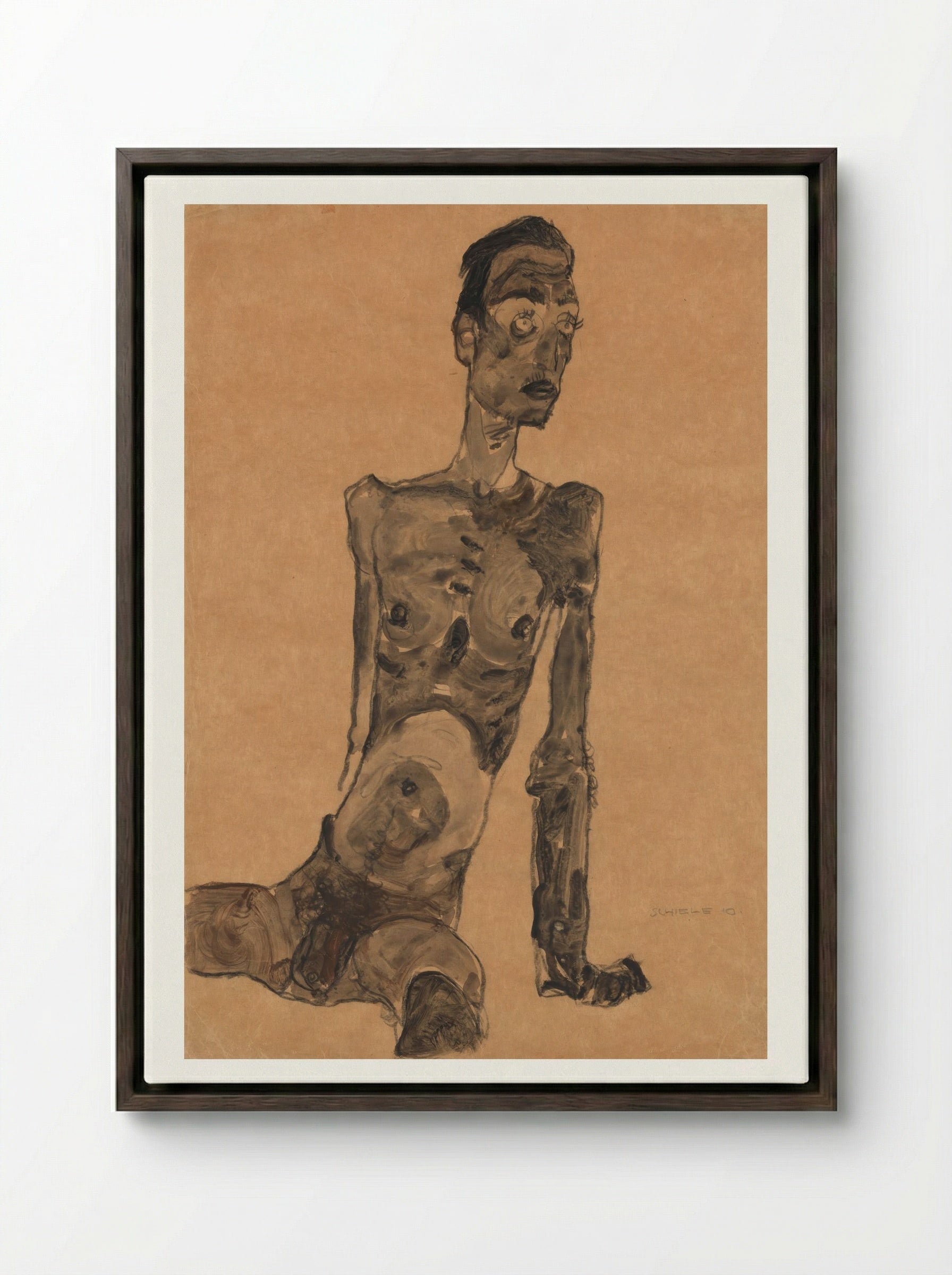 Seated Male Nude - Egon Schiele - Framed Canvas Dark Wood