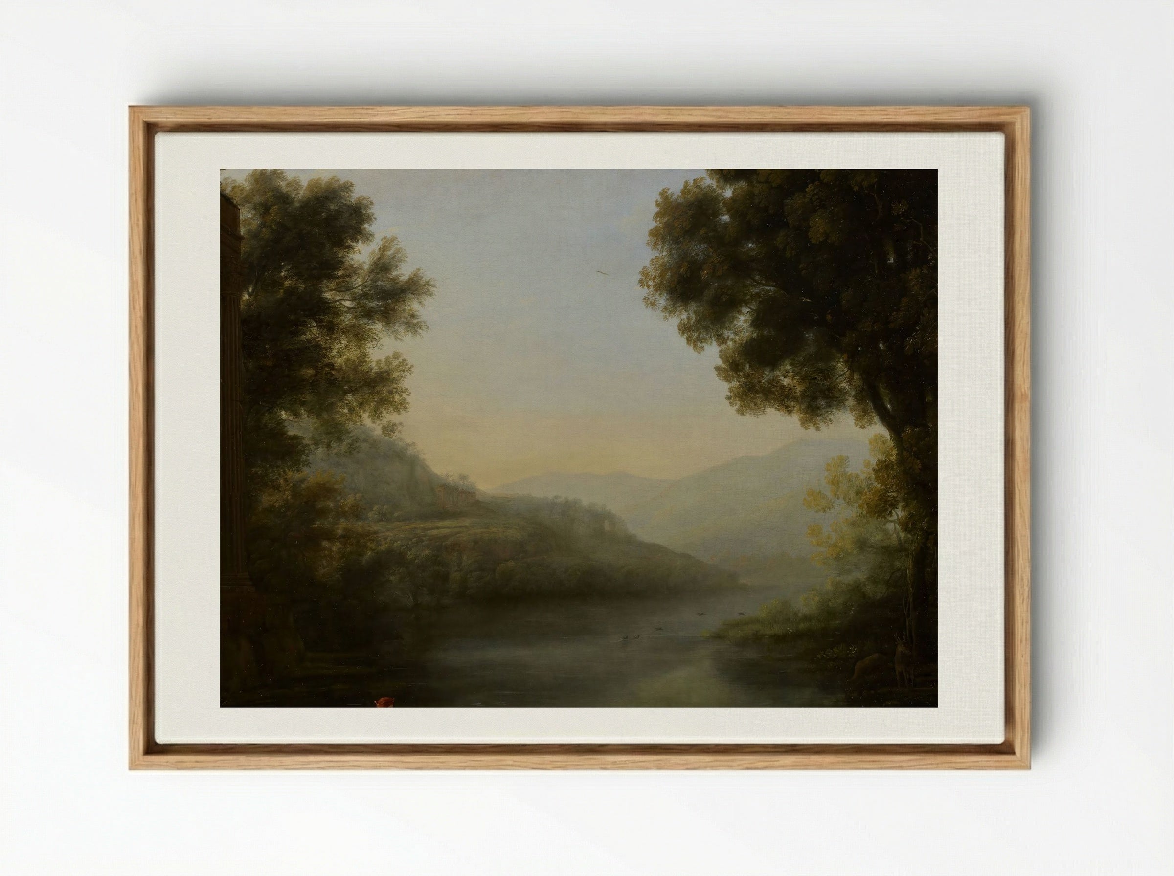 Two Goat Herders Seated on the Left Bank of a River Amidst Their Flock - Nicolaes Berchem - Framed Canvas Wood