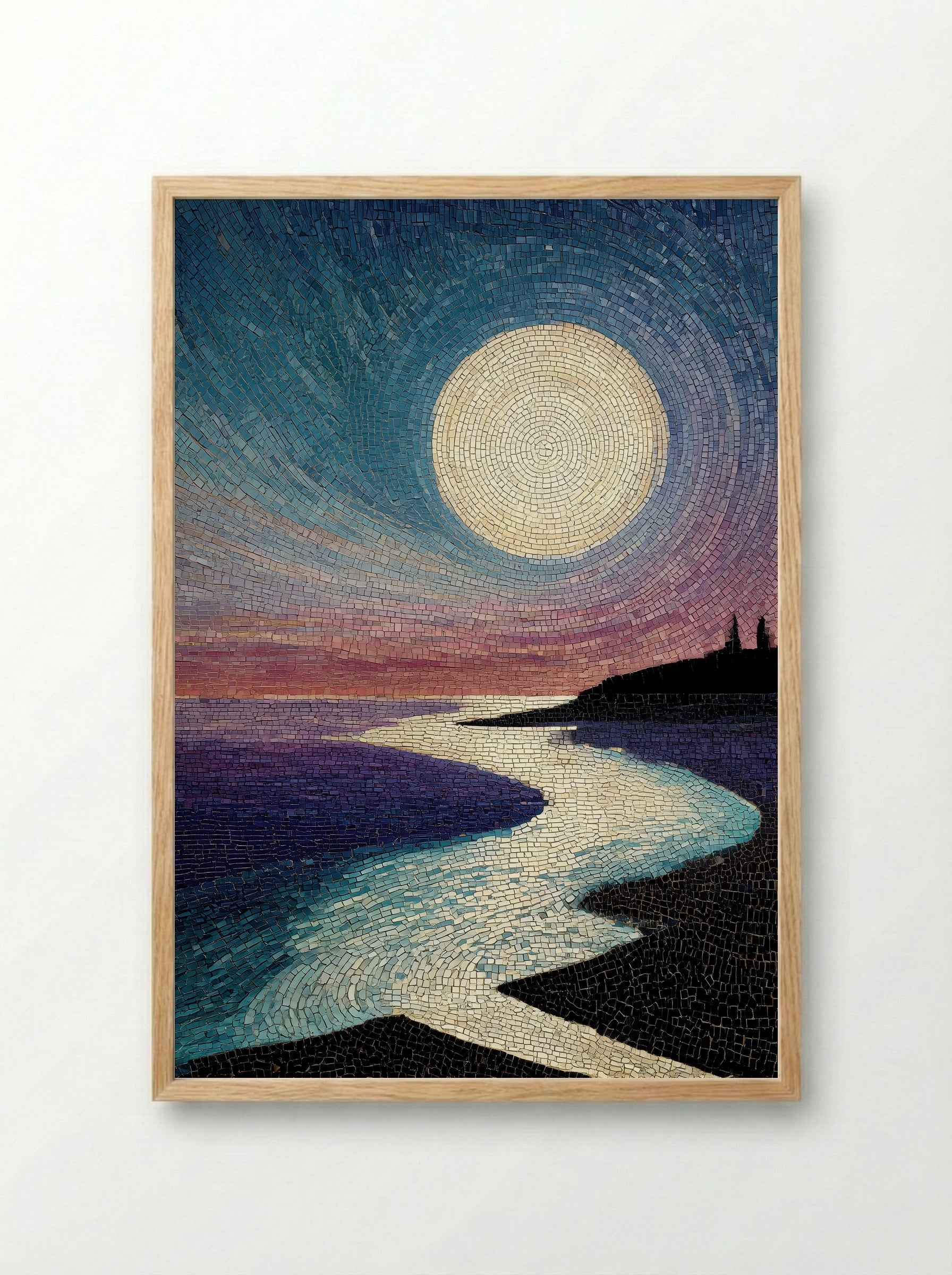 Moonlit Pavilion View - Japanese Mosaic Print - Framed Print Wood