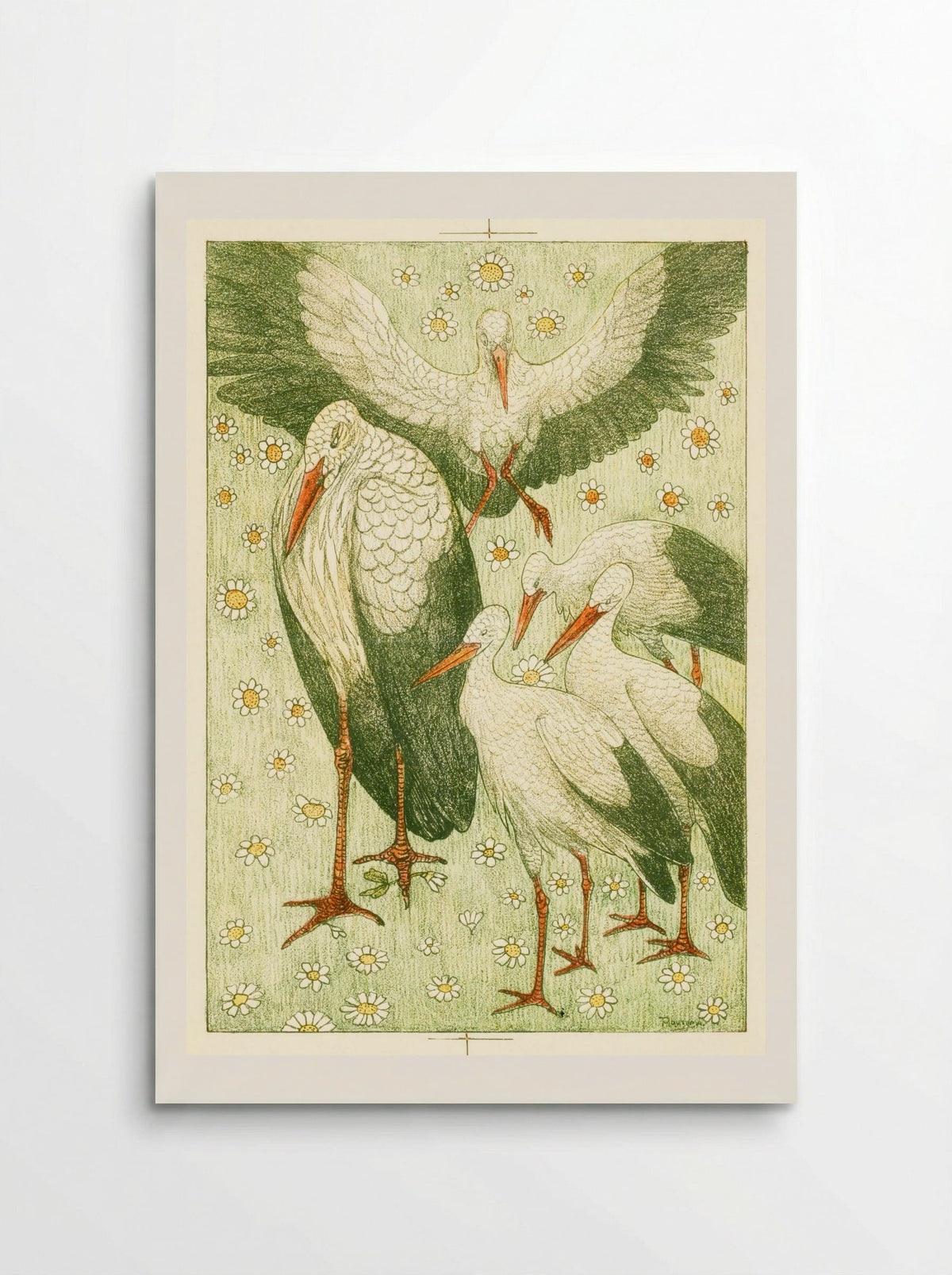 Vijf ooievaars in een wei (Five Storks in a Meadow) - Theo van Hoytema - Poster