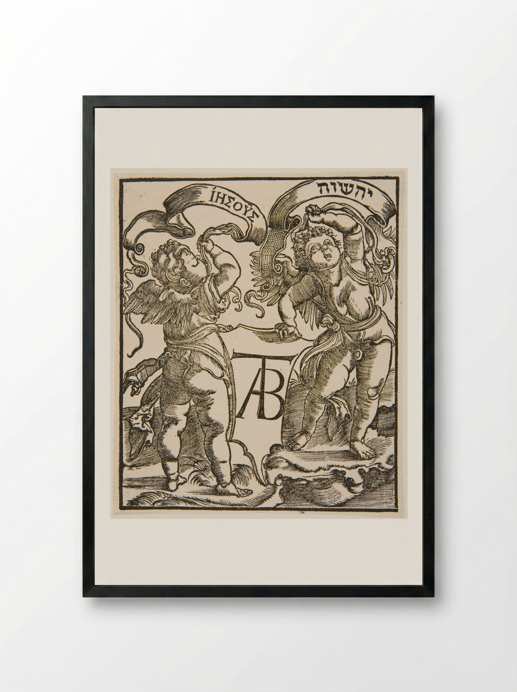 Two Angels Holding Banners with the Name Jesus - Hans Holbein the Younger - Framed Print Black