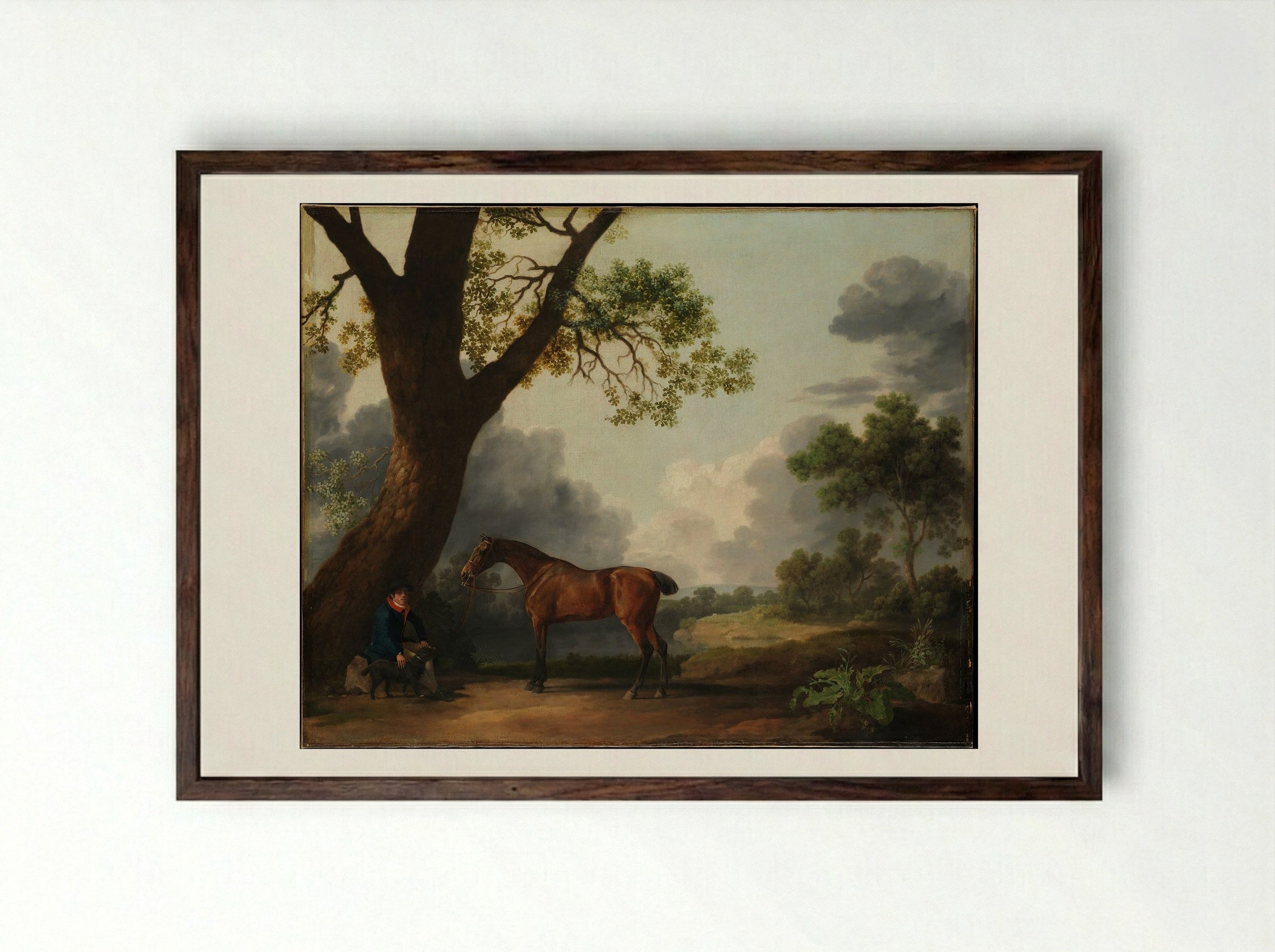 The Third Duke of Dorset's Hunter with a Groom and a Dog - George Stubbs - Framed Print Dark Wood