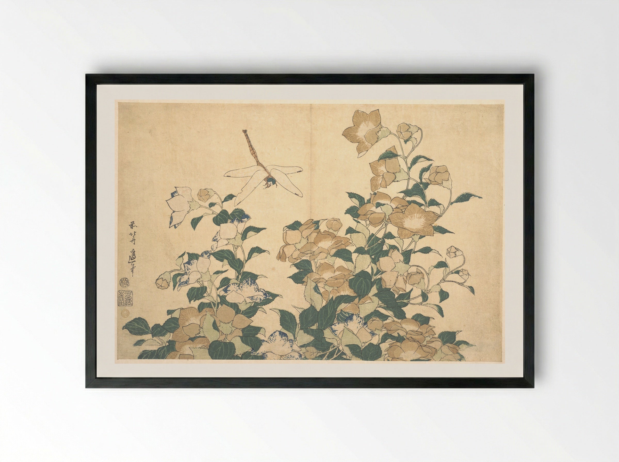 Dragonfly and Bellflower - Katsushika Hokusai - Framed Print Black