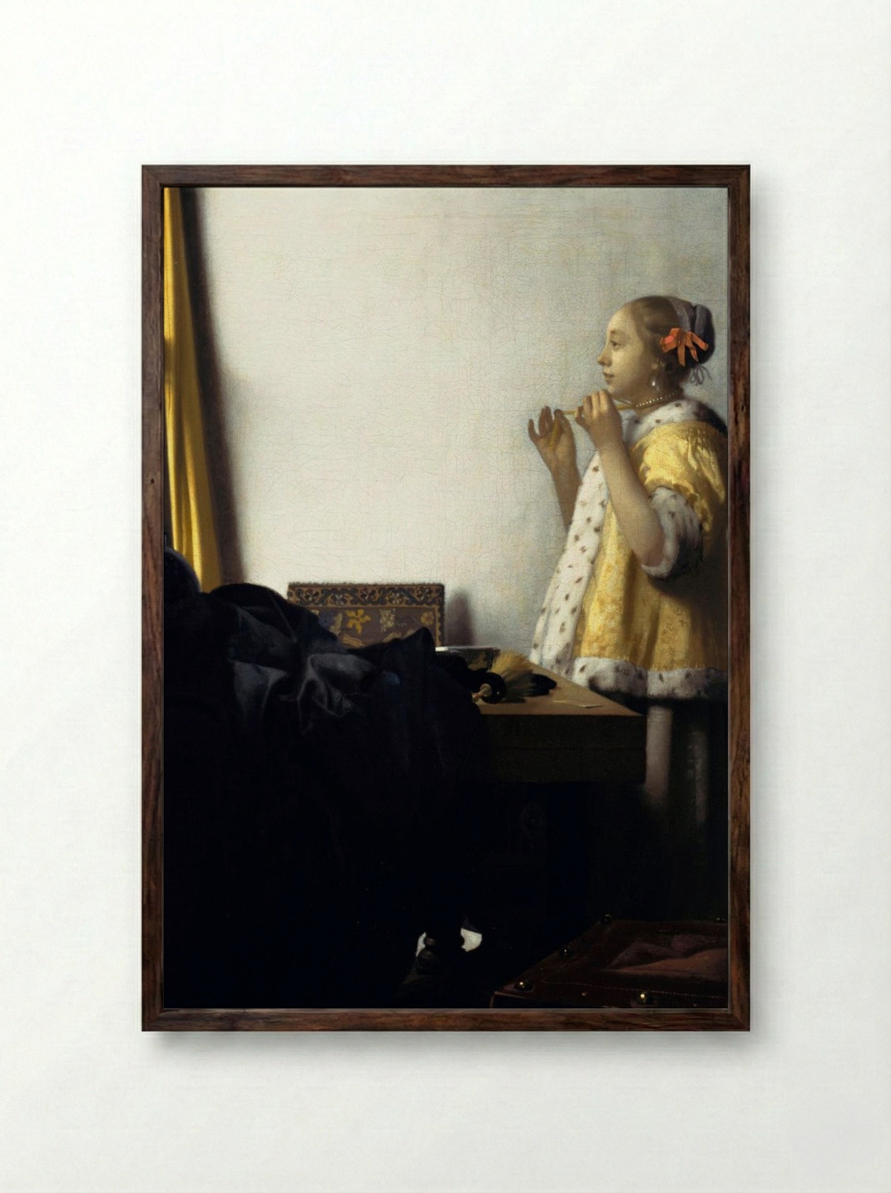 Young Woman with a Pearl Necklace - Johannes Vermeer - Framed Print Dark Wood