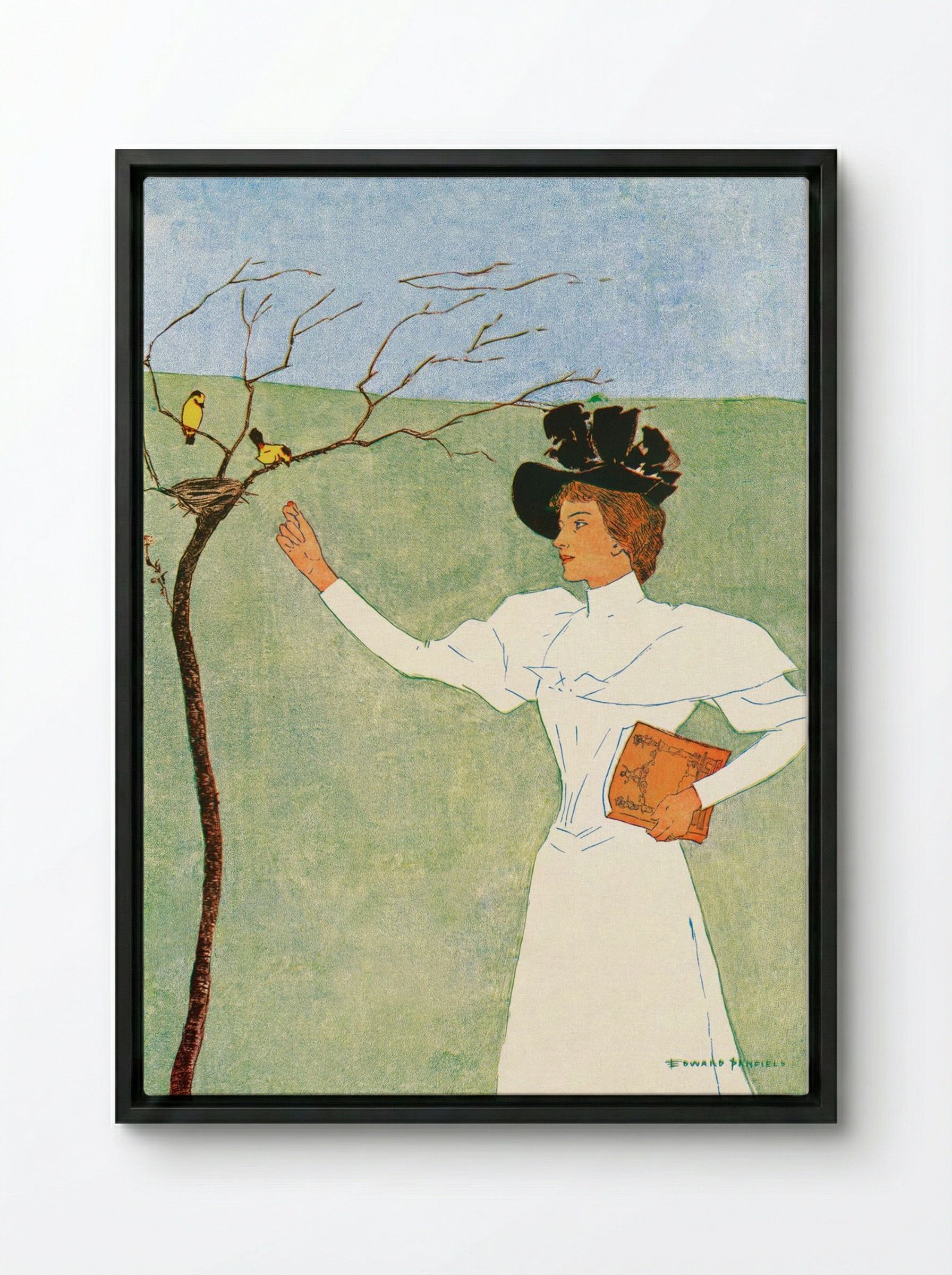 Woman Reaching for Birds - Edward Penfield - Framed Canvas Black