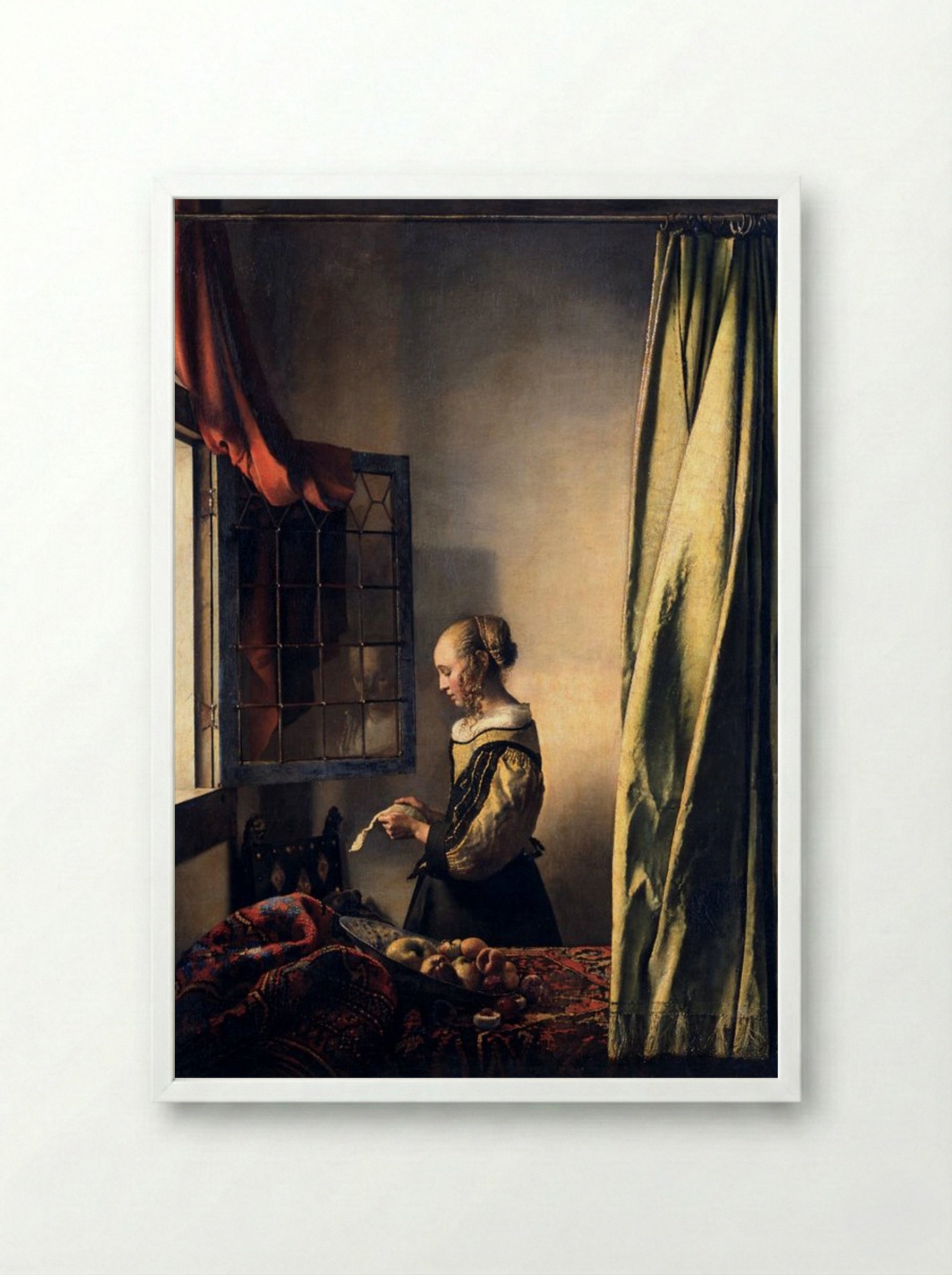 Girl Reading a Letter by an Open Window - Johannes Vermeer - Framed Print White