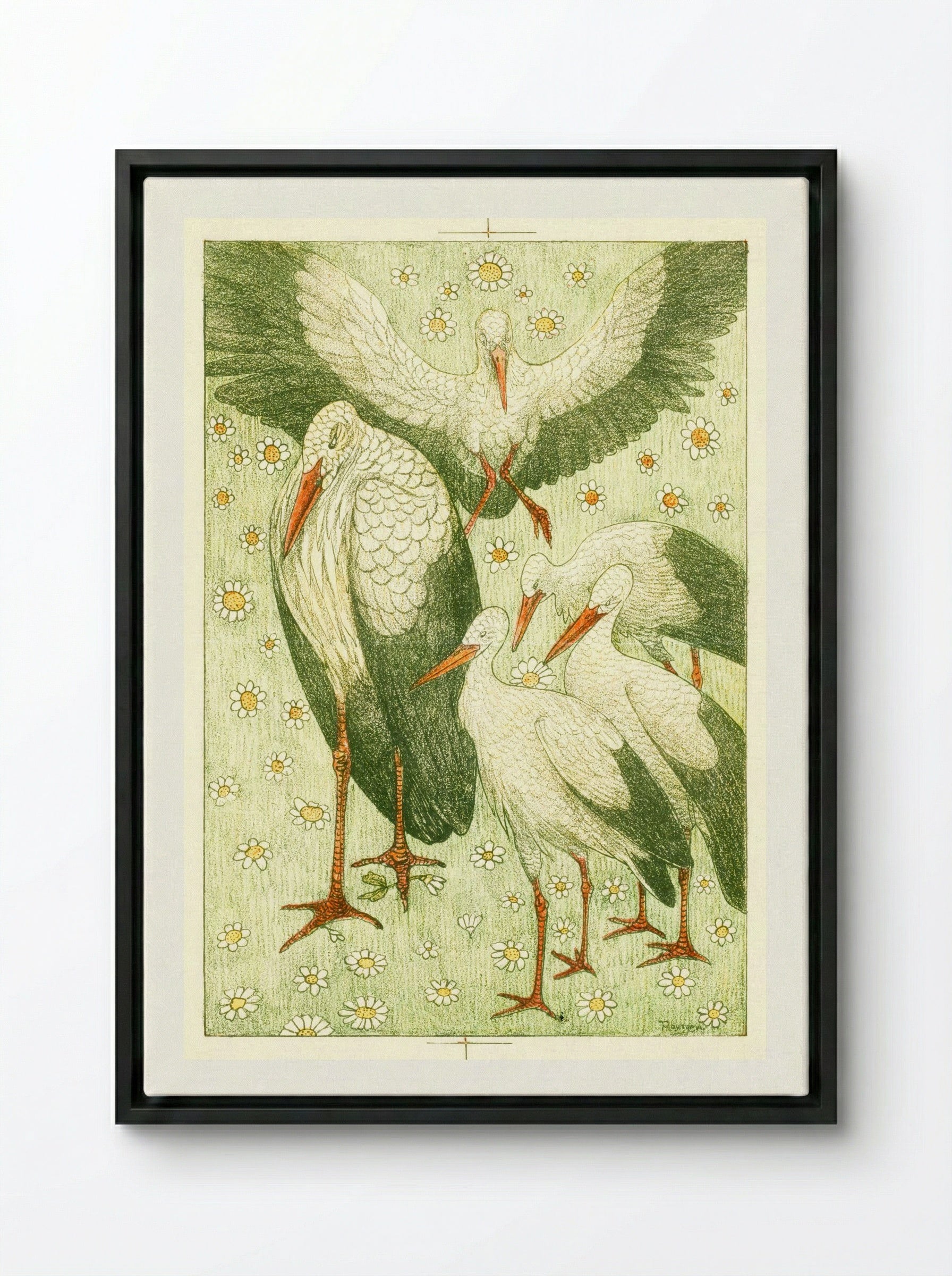 Vijf ooievaars in een wei (Five Storks in a Meadow) - Theo van Hoytema - Framed Canvas Black