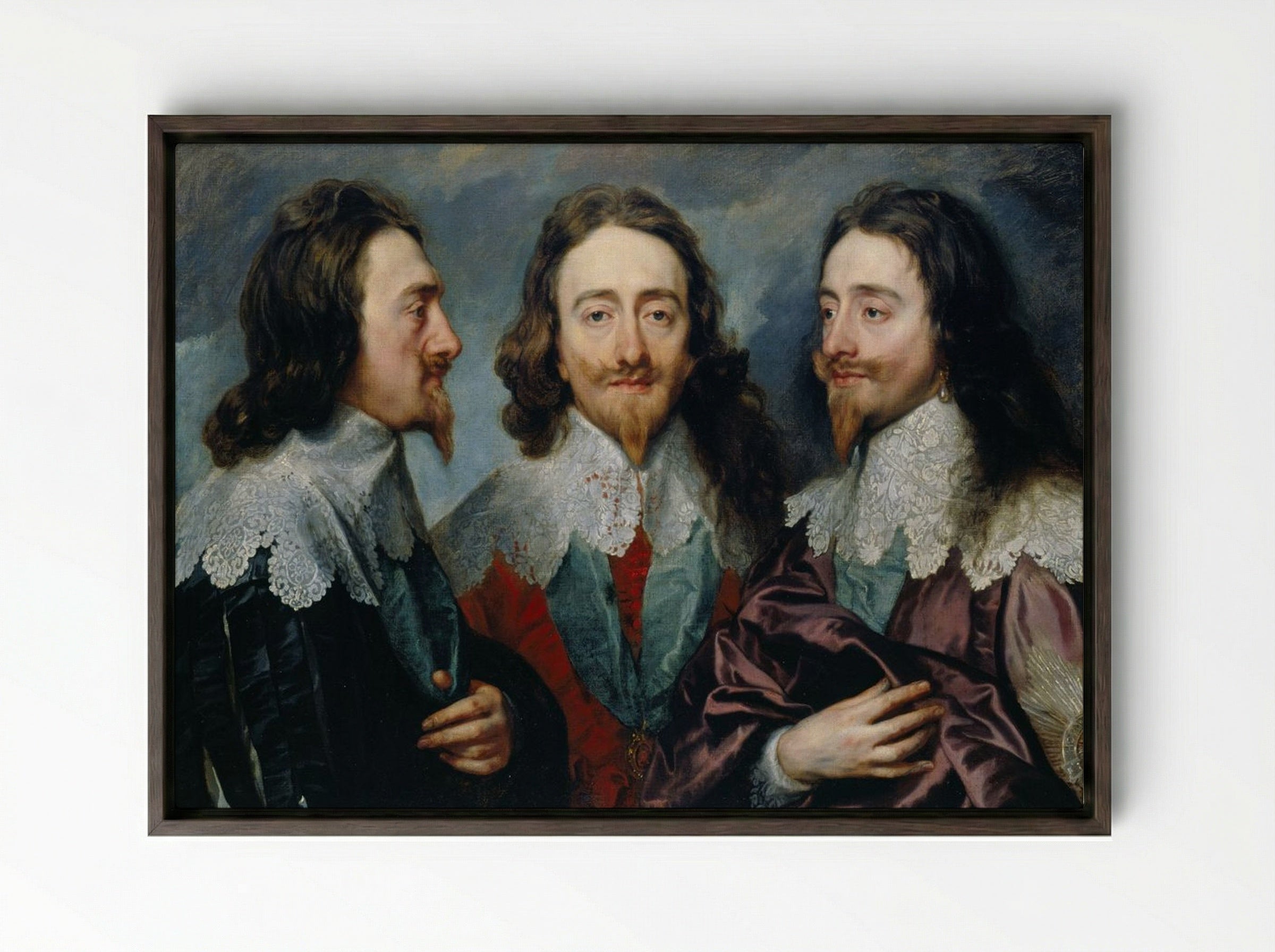 Charles I in Three Positions - Sir Anthony van Dyck - Framed Canvas Dark Wood