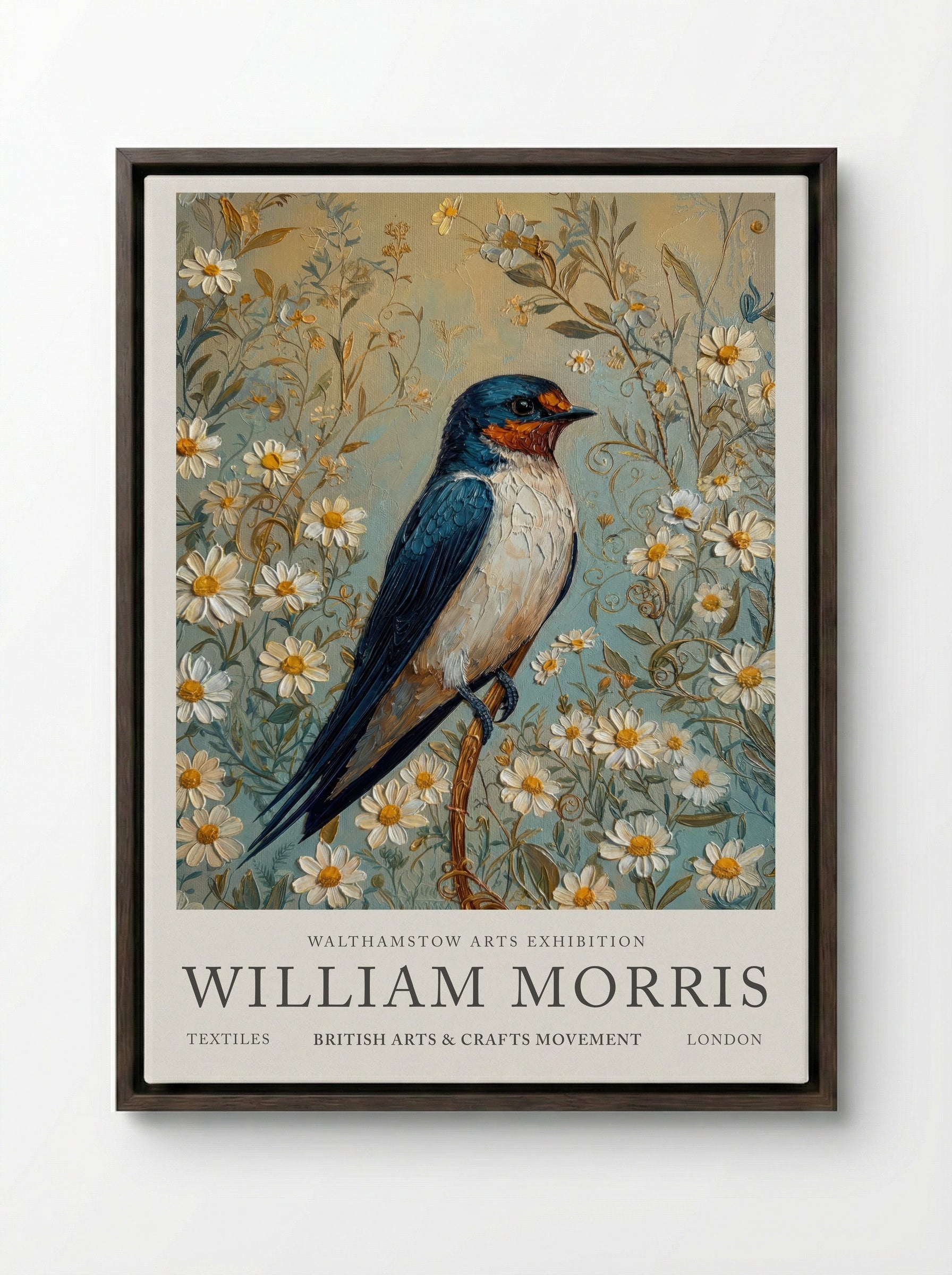 Barn Swallow Symphony - William Morris - Framed Canvas Dark Wood