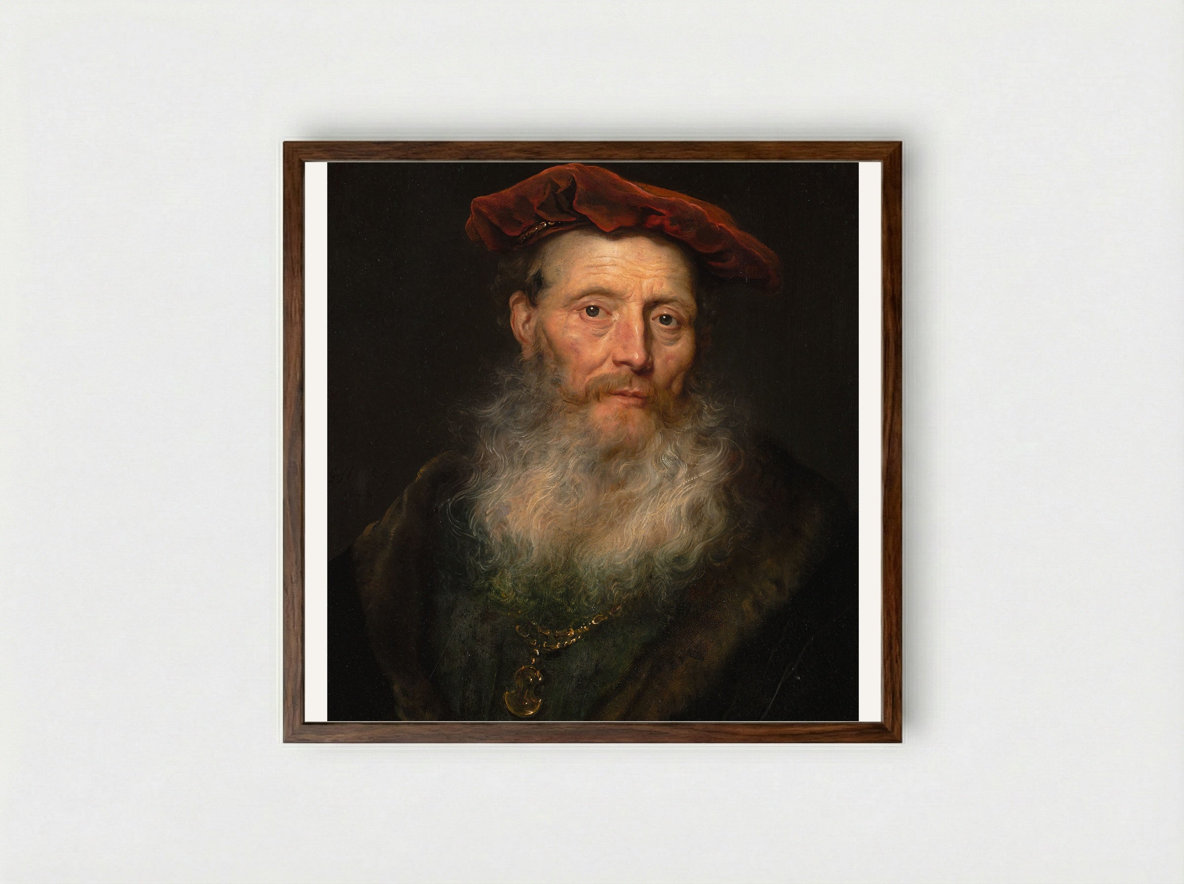 Bearded Man with a Velvet Cap - Govert Flinck - Framed Print Dark Wood