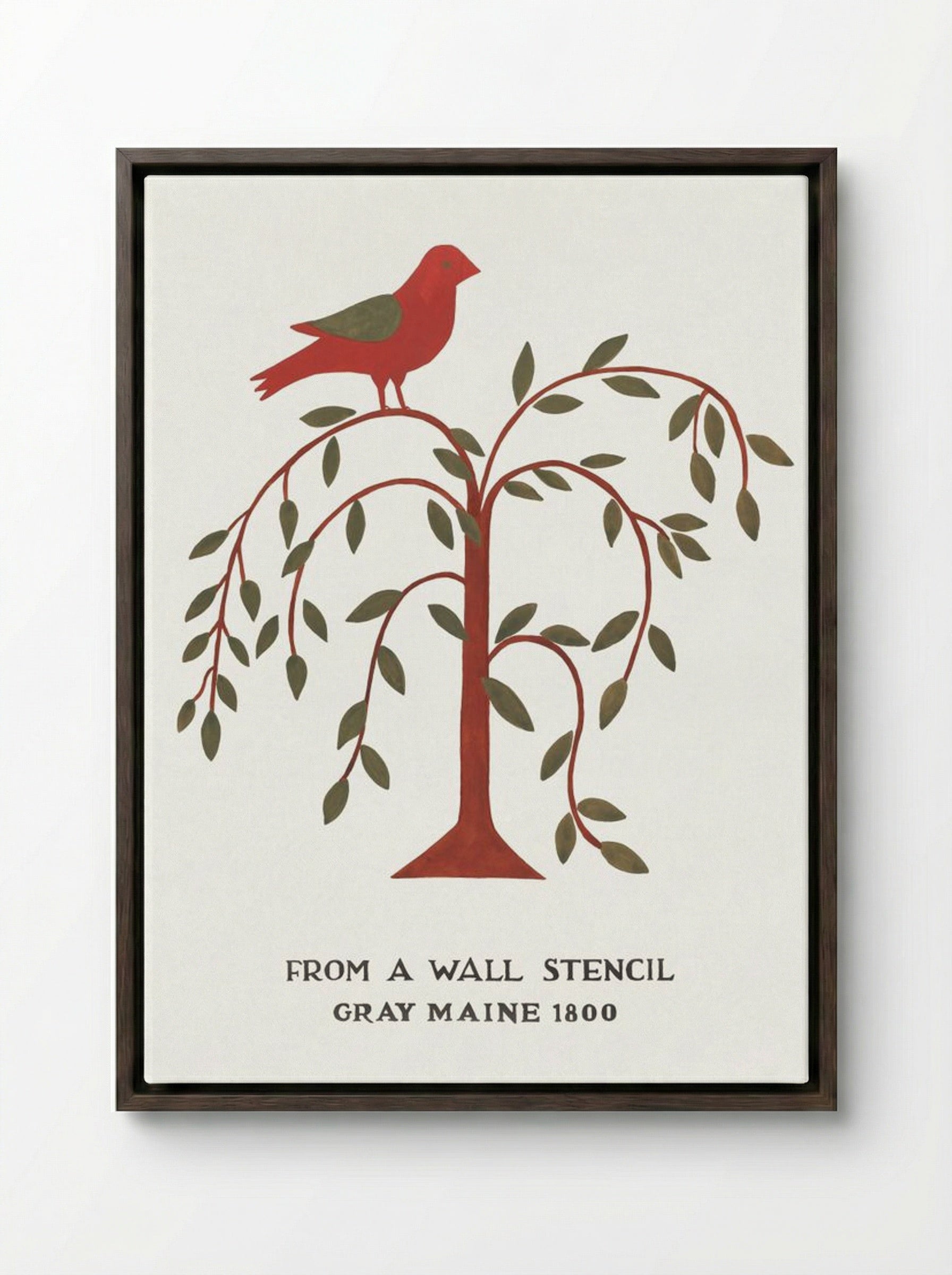 Maine Wall Stencil with Bird and Tree - Mildred E. Bent - Framed Canvas Dark Wood