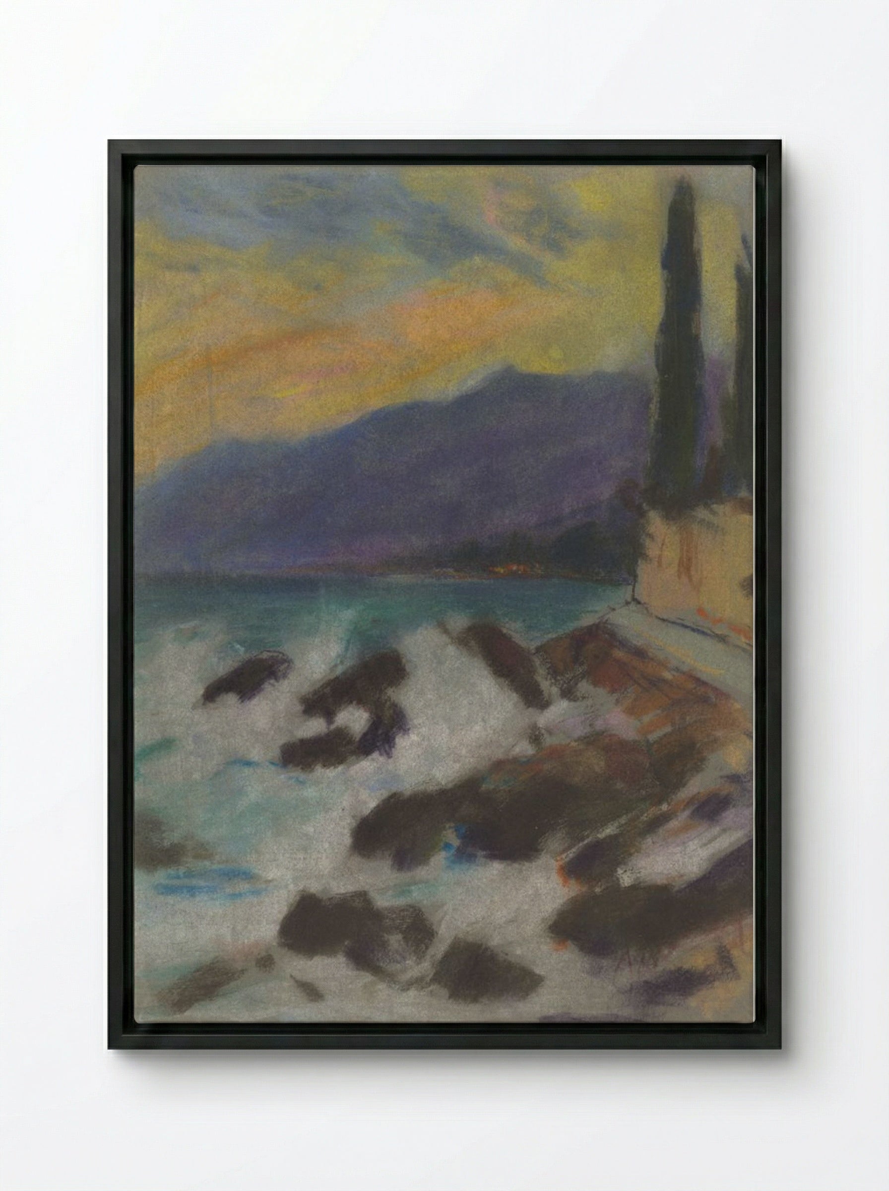 Rocky Seashore with Cypresses - Zolo Palugyay - Framed Canvas Black