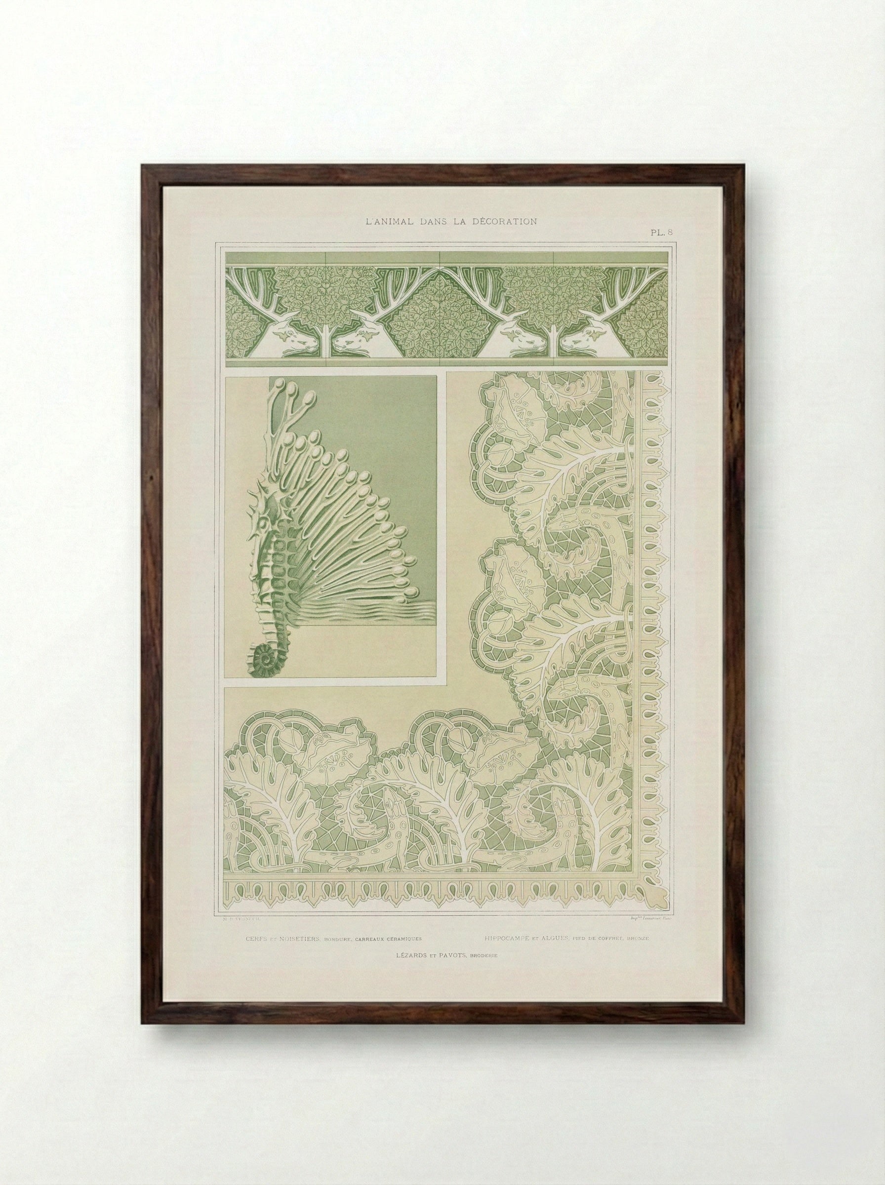 L'Animal dans la Décoration, Plate 8 (Deer, Seahorse, Lizards) - Maurice Pillard Verneuil - Framed Print Dark Wood