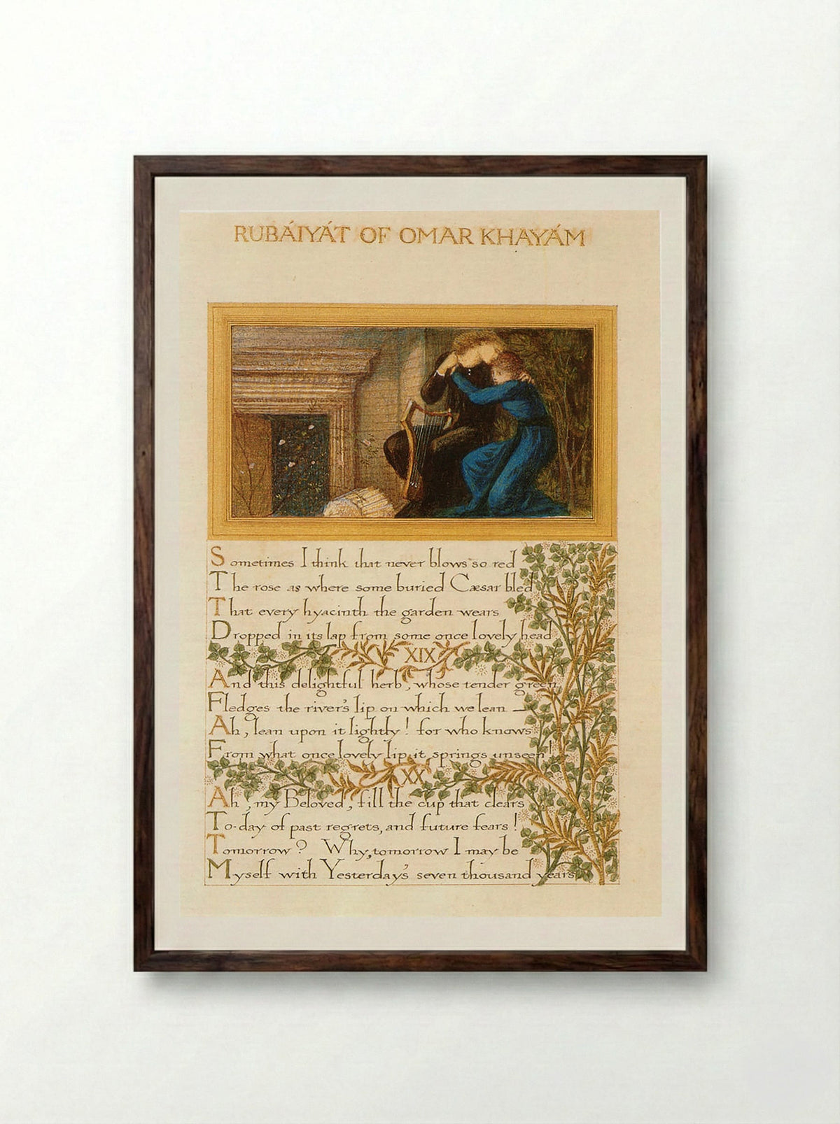 Page from The Rubaiyat of Omar Khayyam - William Morris - Framed Print Dark Wood