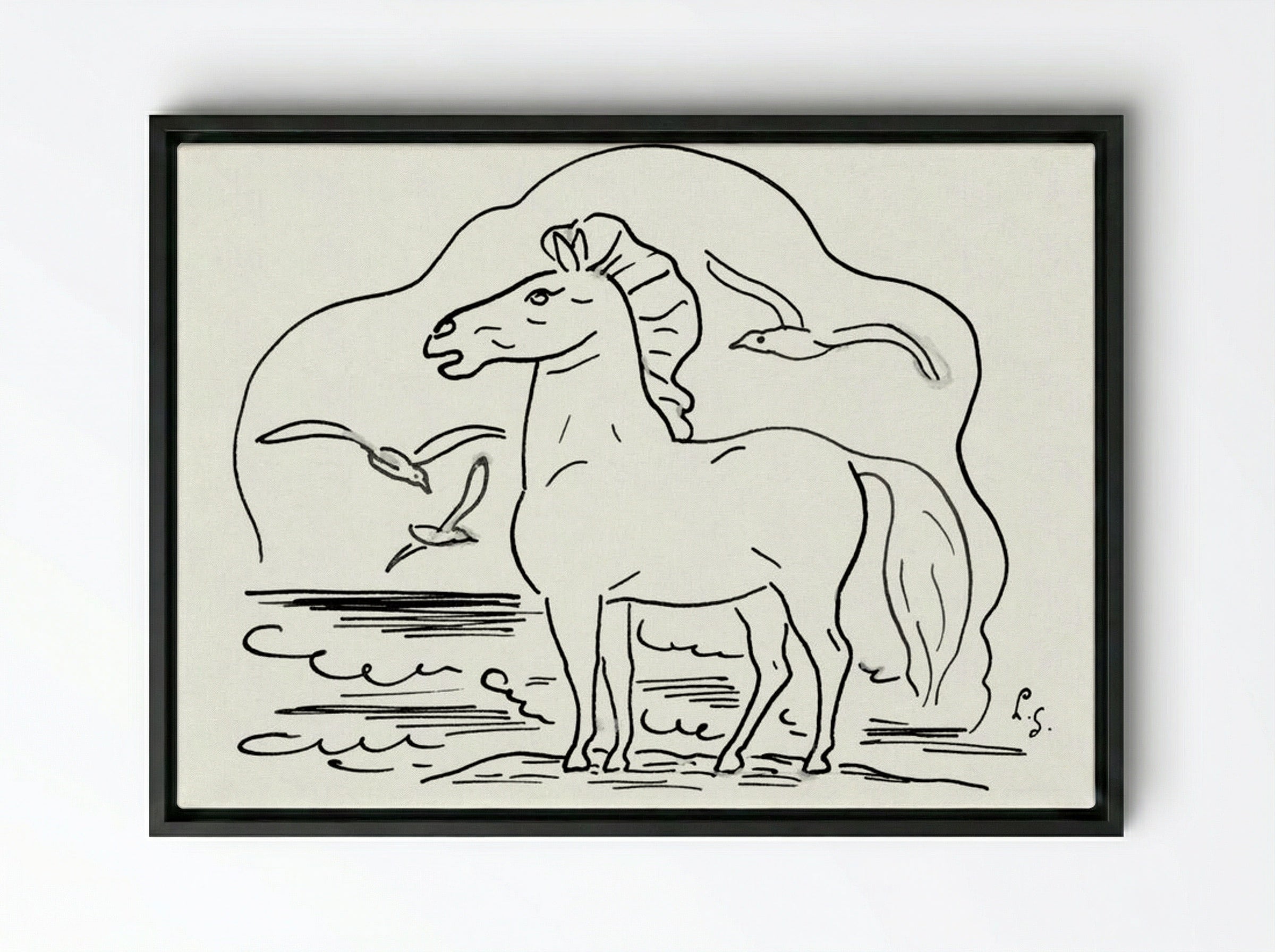 Horse in the Surf with Three Seagulls - Leo Gestel - Framed Canvas Black