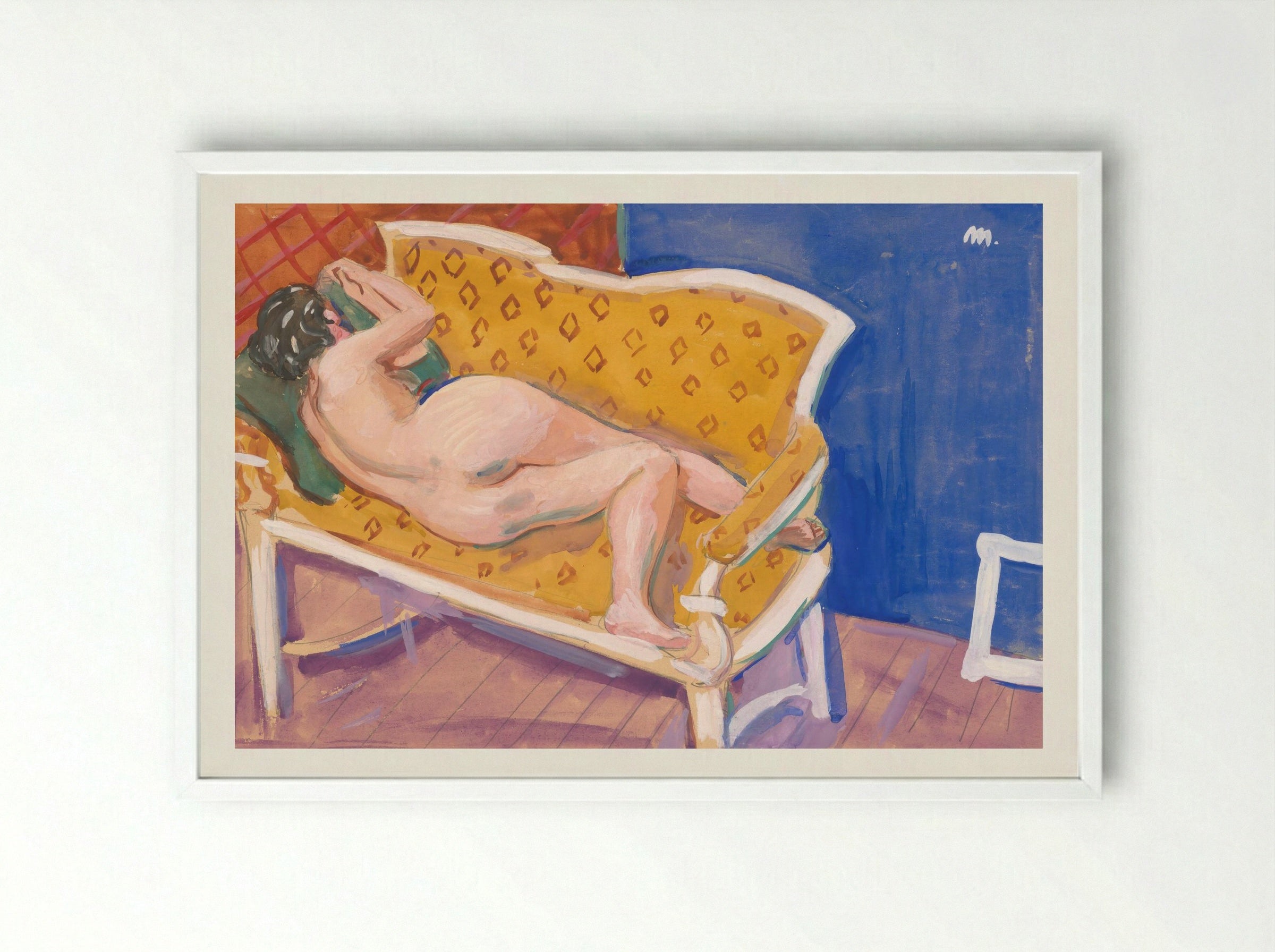 Reclining Nude on Yellow Sofa - Cyprián Majerník - Framed Print White
