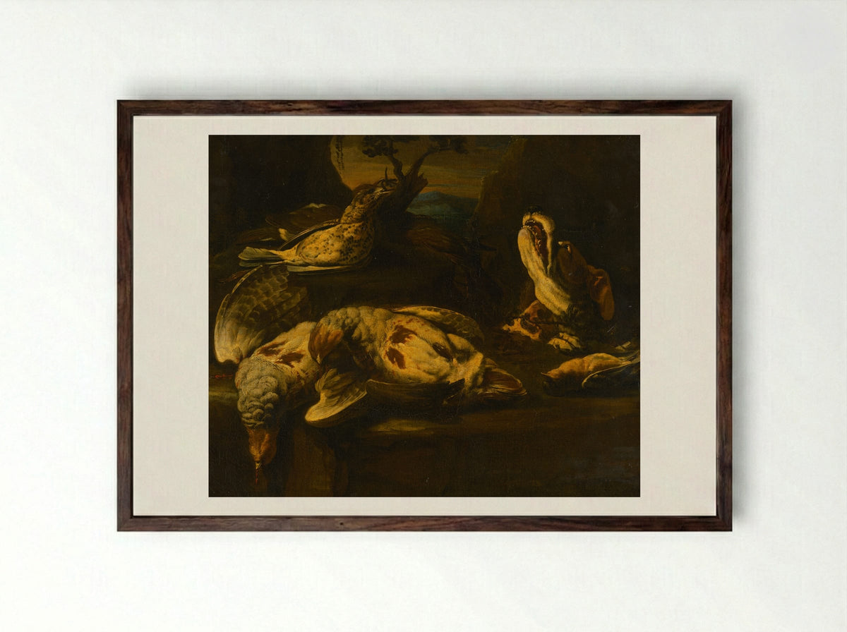 Hunting Still Life with Birds and Dog - Fine Art Print - Framed Print Dark Wood