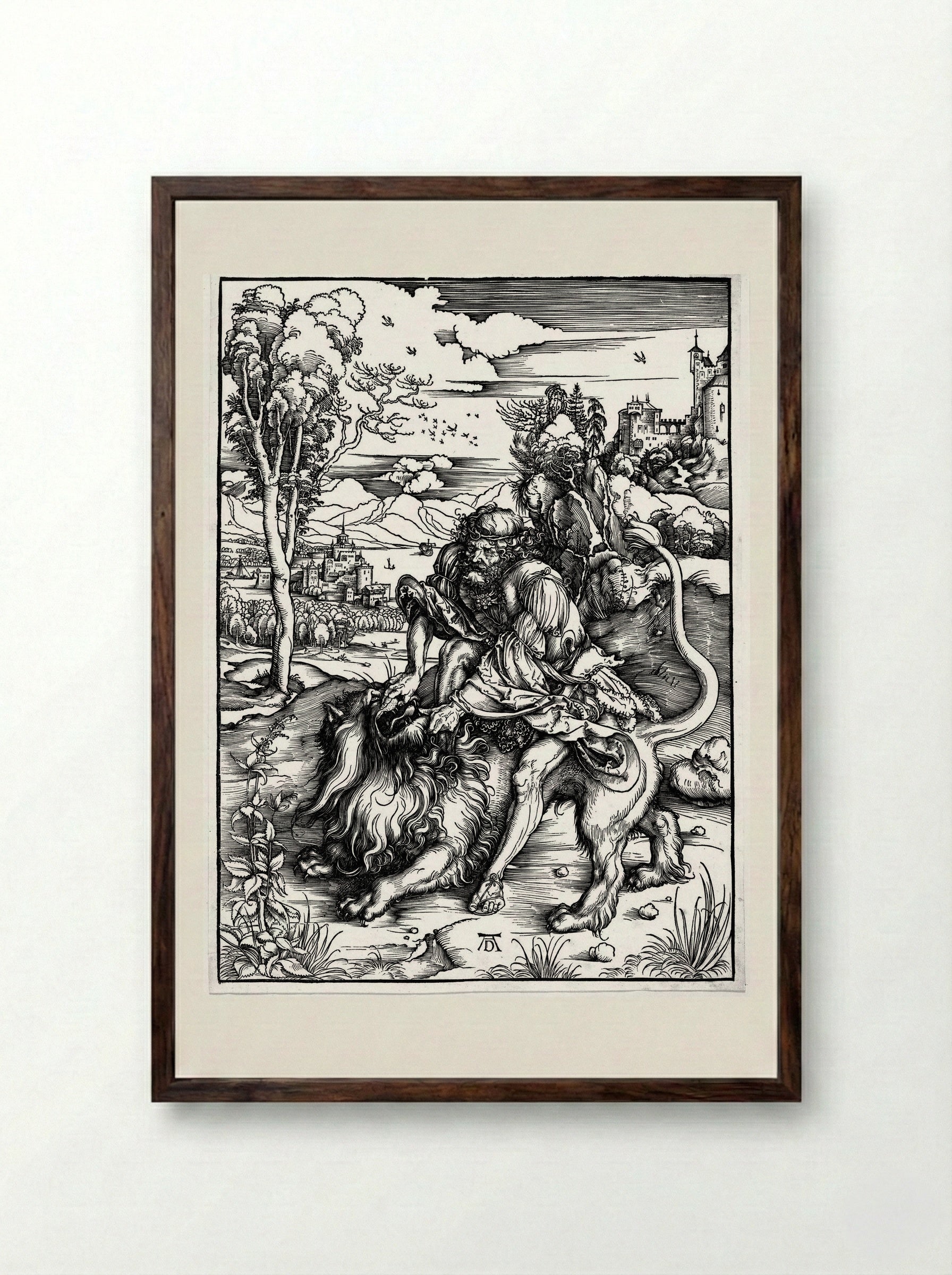 Samson Killing the Lion - Albrecht Dürer - Framed Print Dark Wood