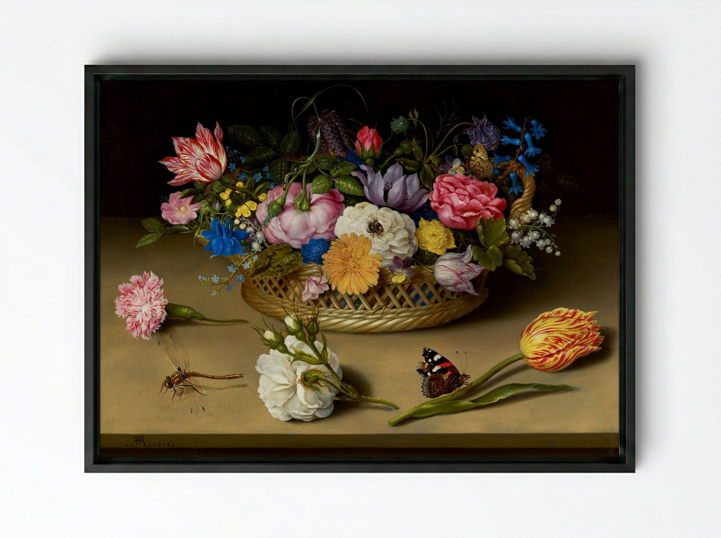 Flower Still Life in a Basket - Ambrosius Bosschaert the Elder - Framed Canvas Black