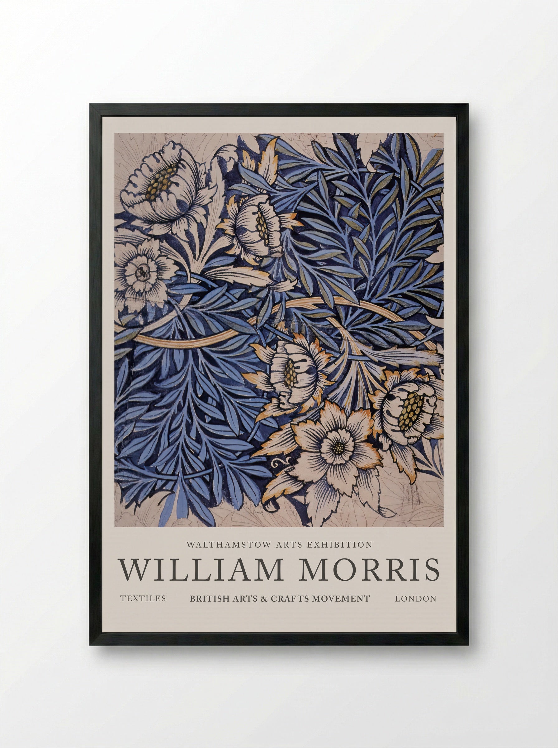Design for Tulip and Willow indigo-discharge wood-block printed fabric - William Morris - Framed Print Black