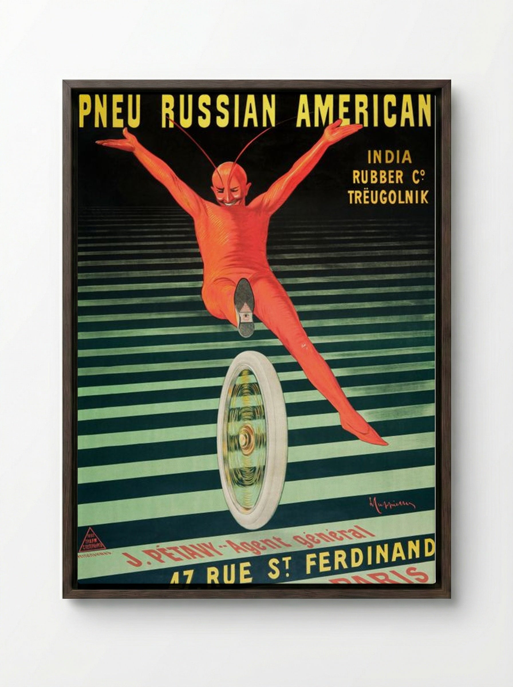 Pneu Russian American - India Rubber Co. Trëugolnik - Leonetto Cappiello - Framed Canvas Dark Wood