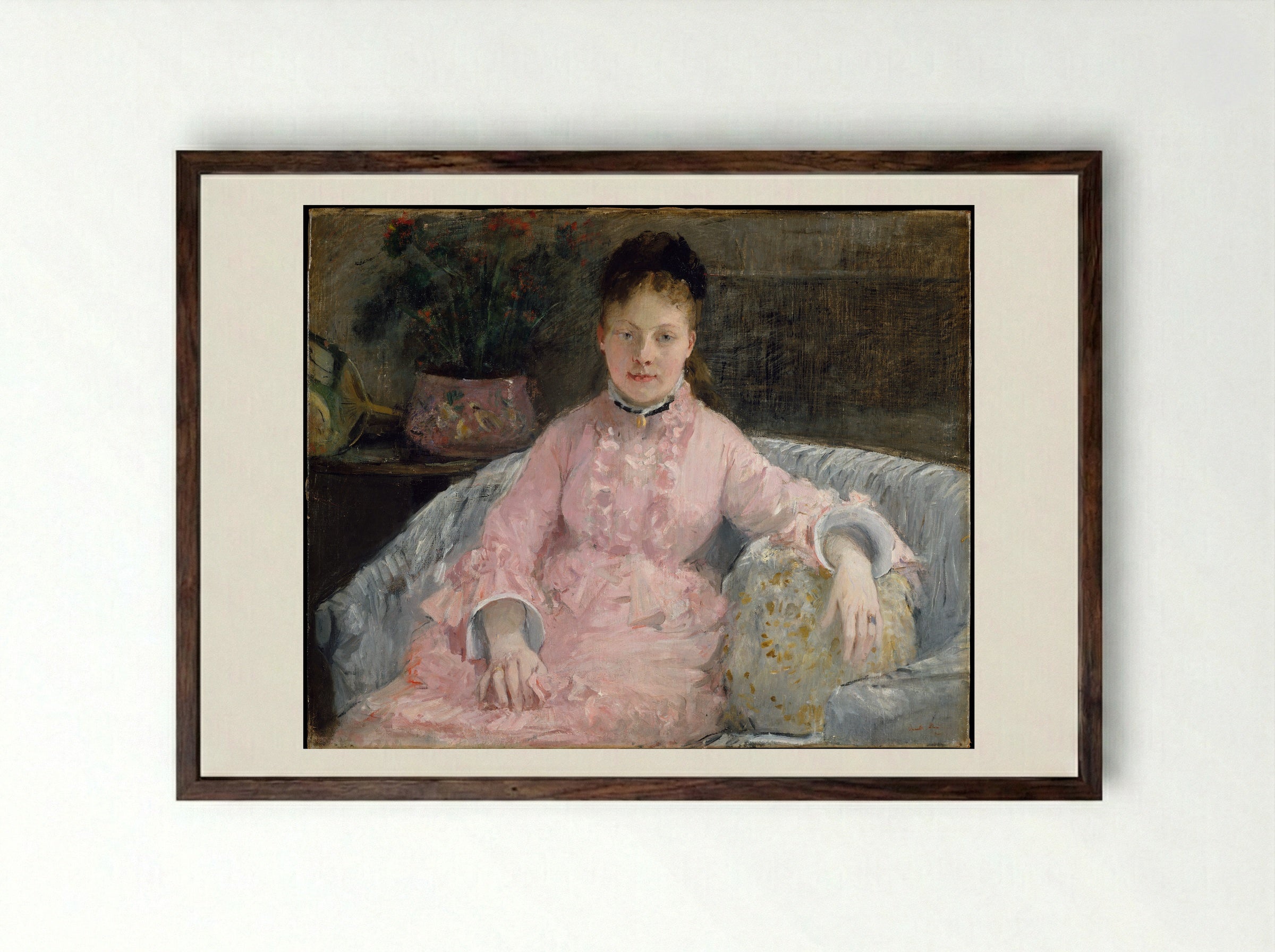 The Pink Dress (Albertie-Marguerite Carré) - Berthe Morisot - Framed Print Dark Wood