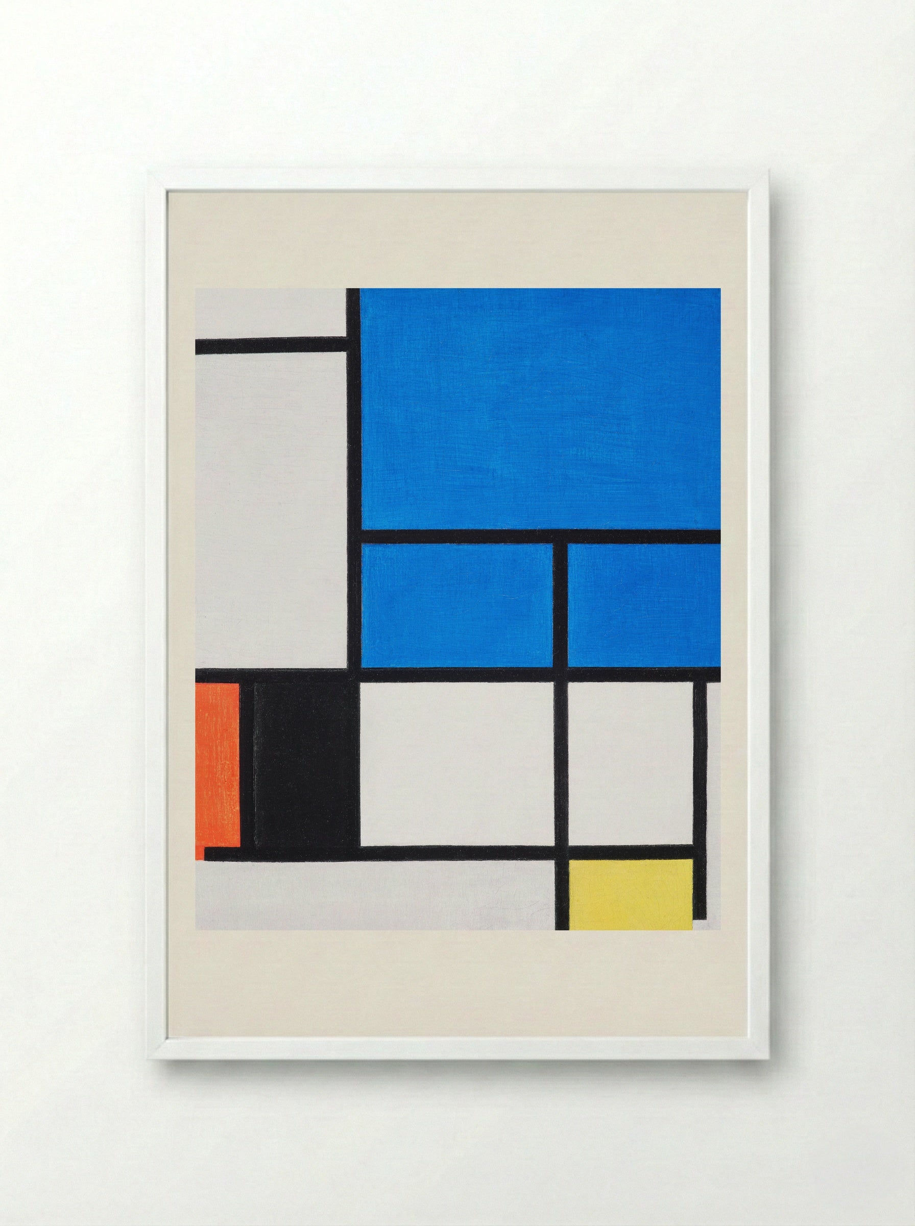 Composition with Large Blue Plane, Red, Black, Yellow, and Gray - Piet Mondrian - Framed Print White