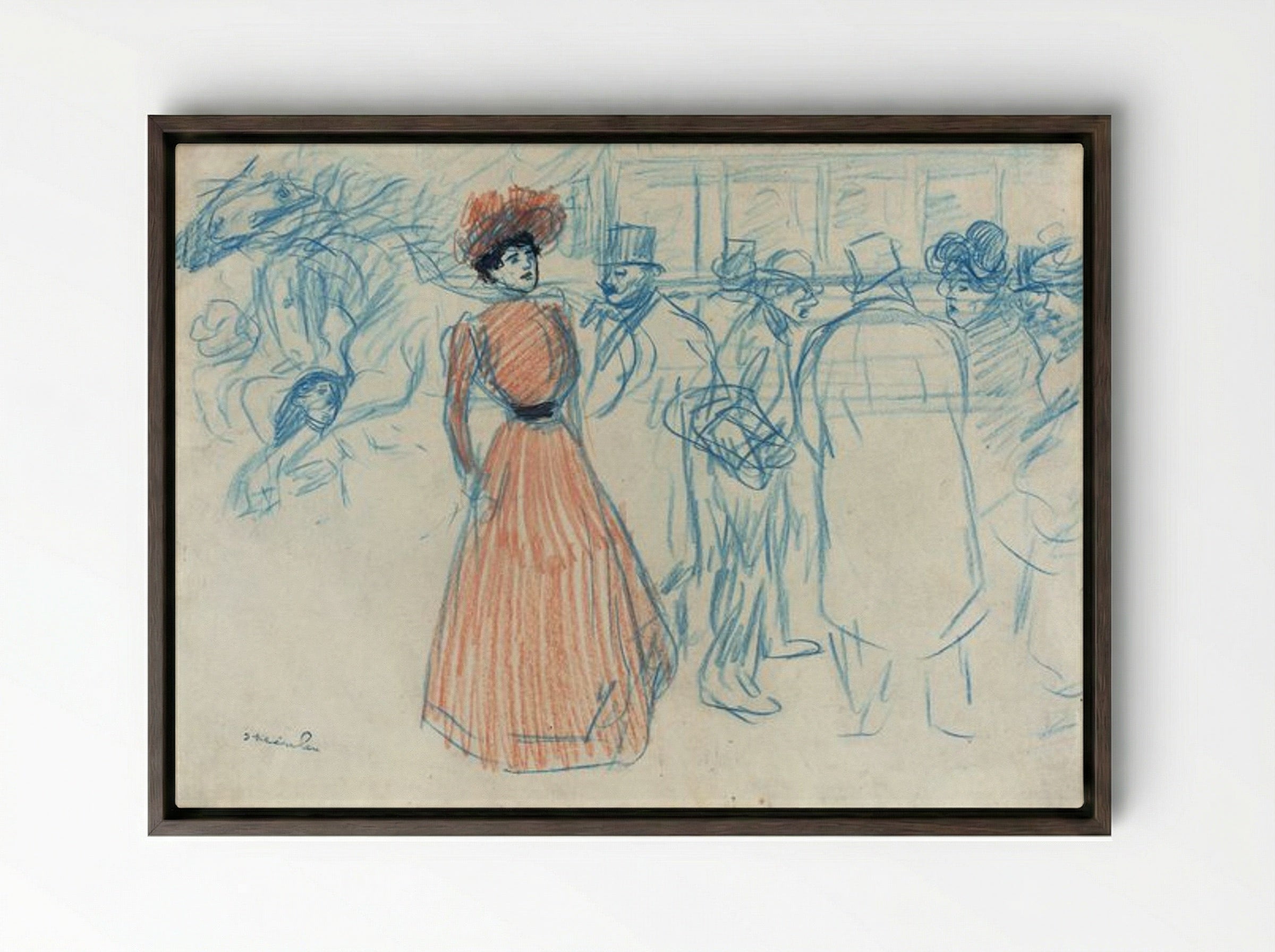 Woman at the Bus Stop - Théophile Alexandre Steinlen - Framed Canvas Dark Wood