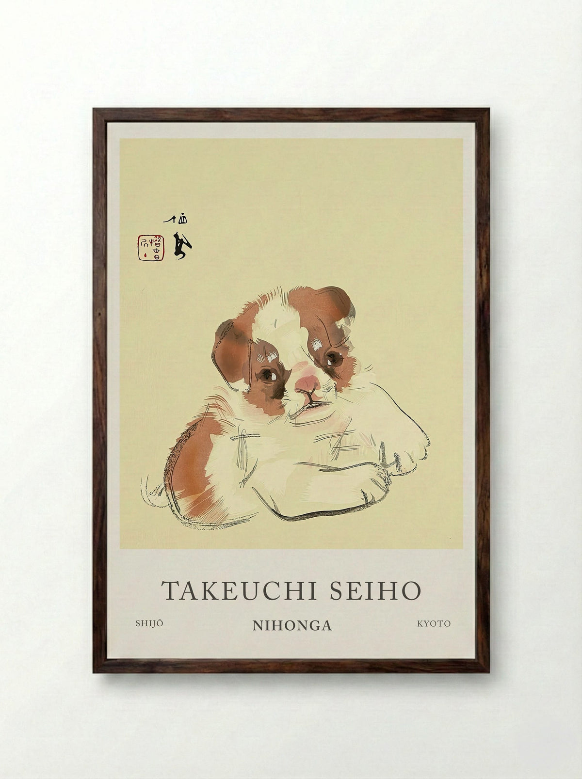 Takeuchi Seiho “Playful Pup” - Framed Print Dark Wood