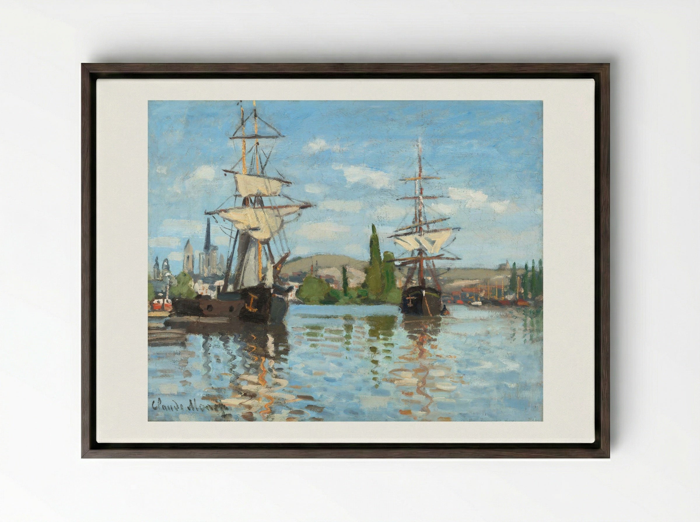 Ships Riding on the Seine at Rouen - Claude Monet - Framed Canvas Dark Wood